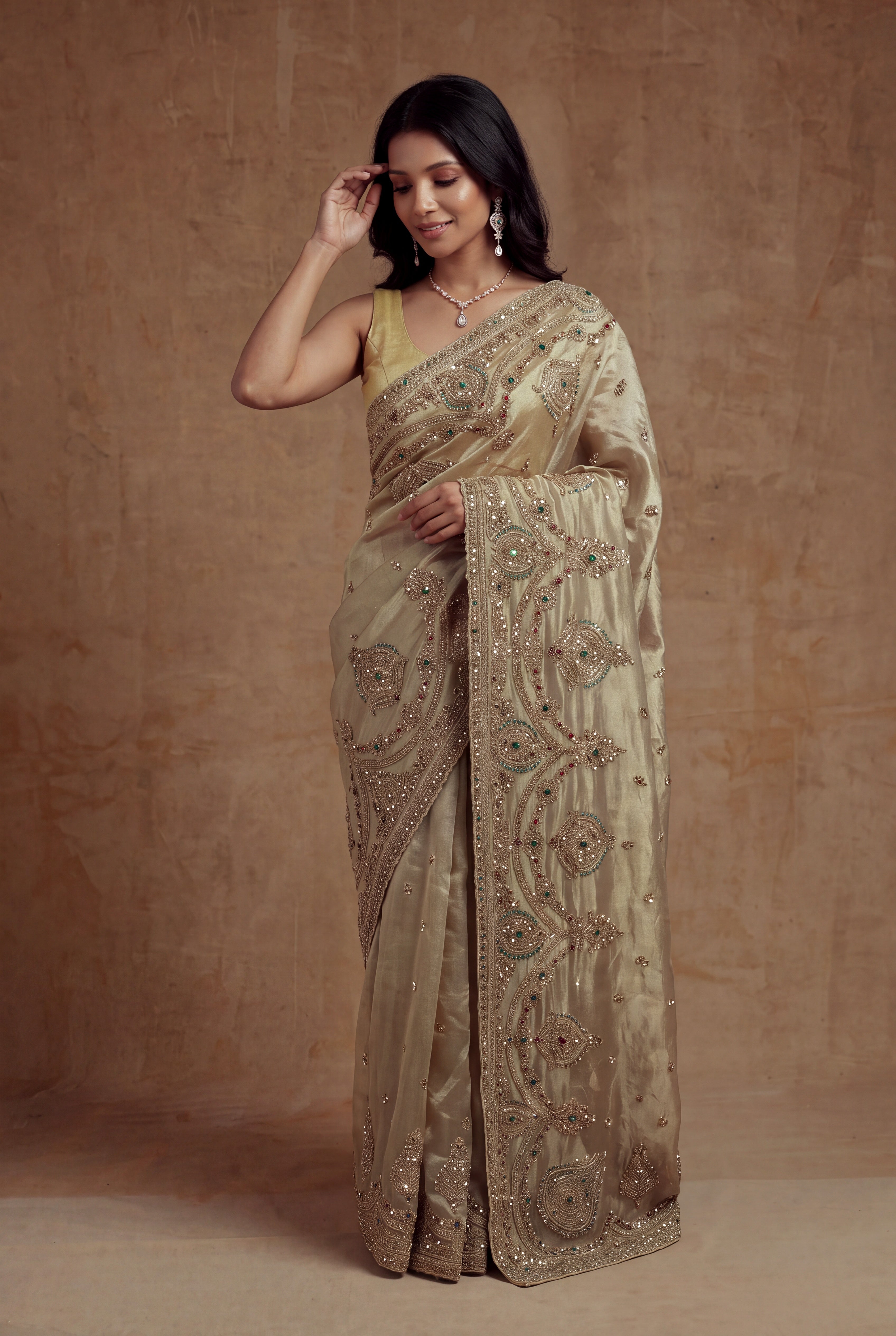 Antique Gold Tissue Zardosi Saree