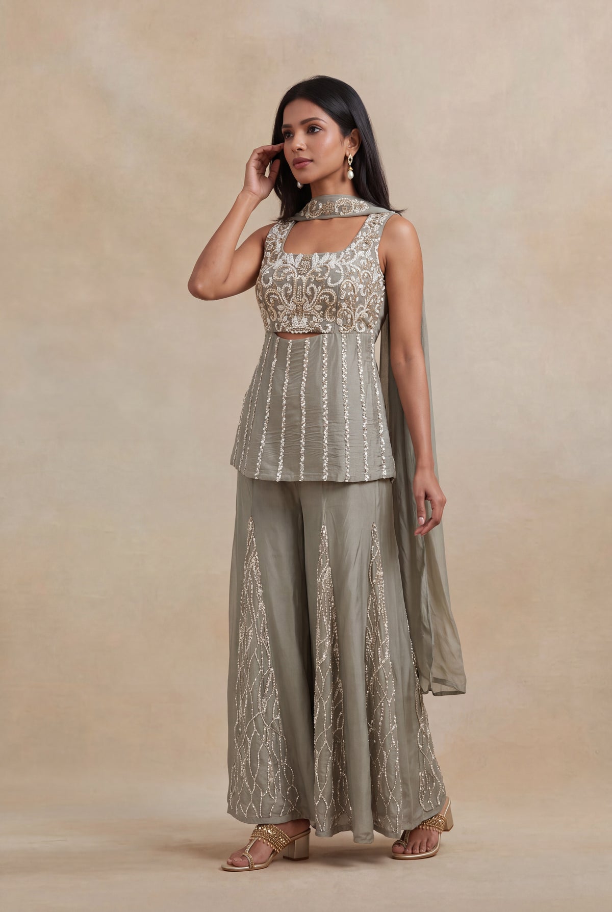 Grey Crepe Palazzo Set with Sequins & Katdana Work
