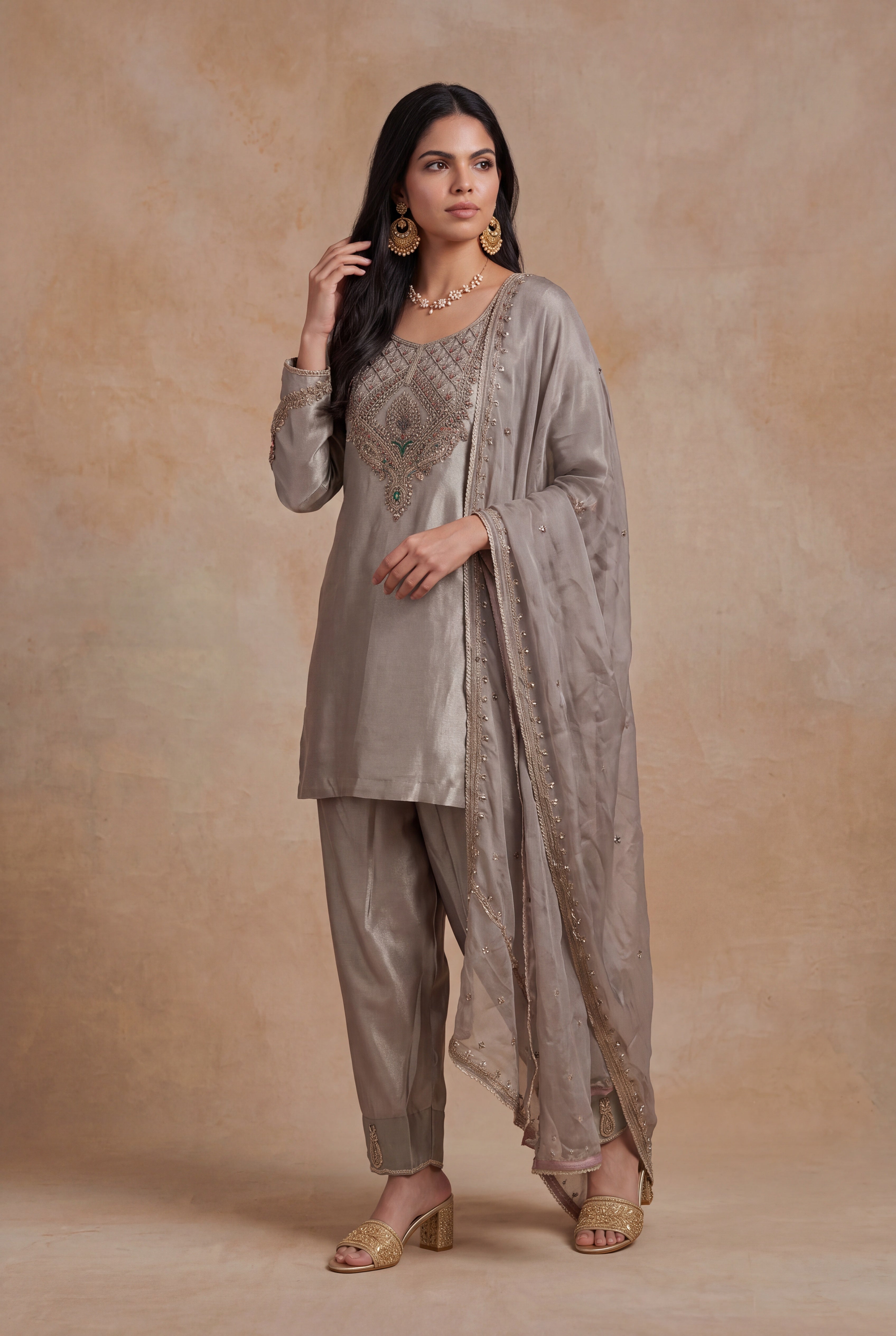 Silver Grey Tissue Indo-Western Set