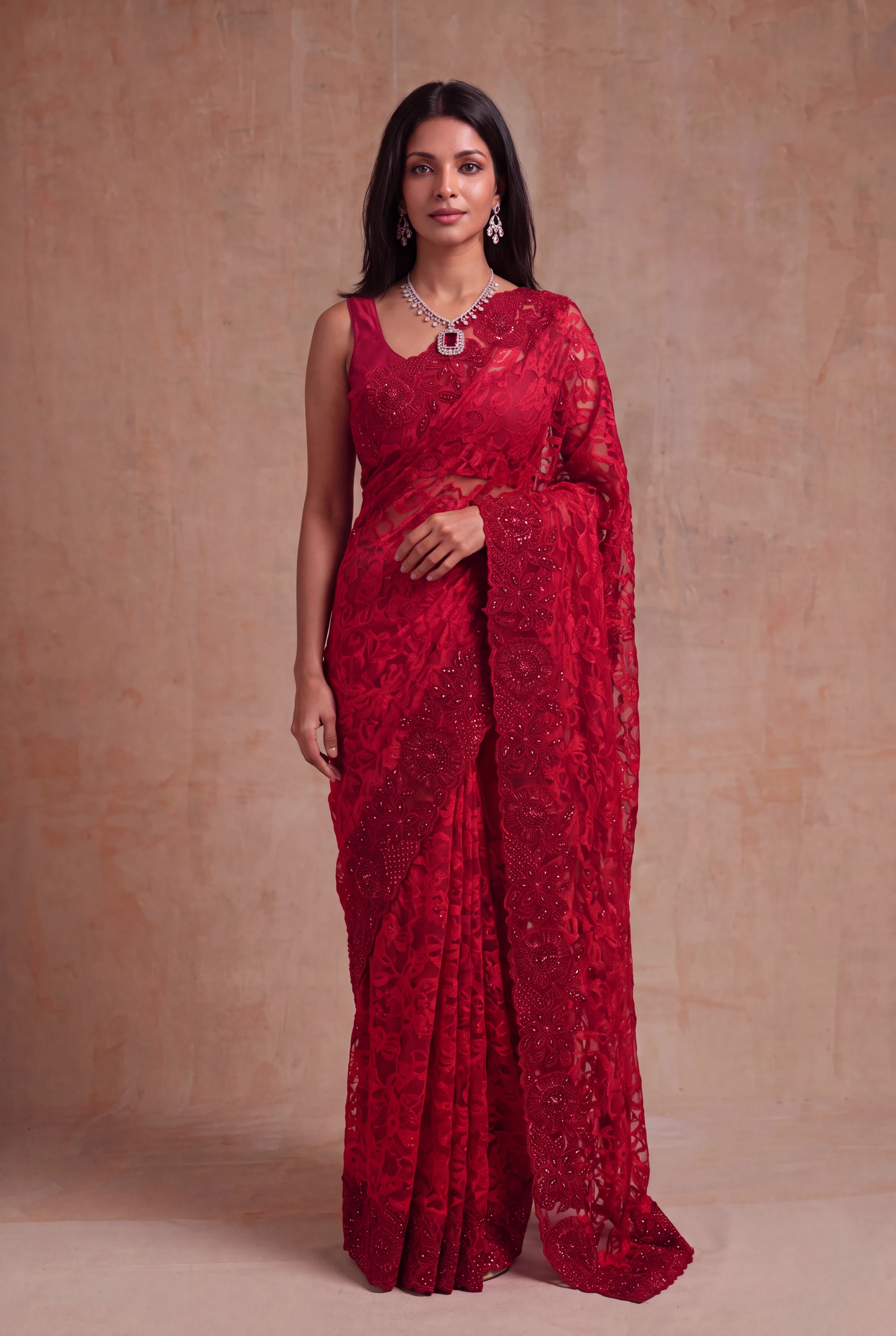 Red Net Saree with Sequin Jaal Work