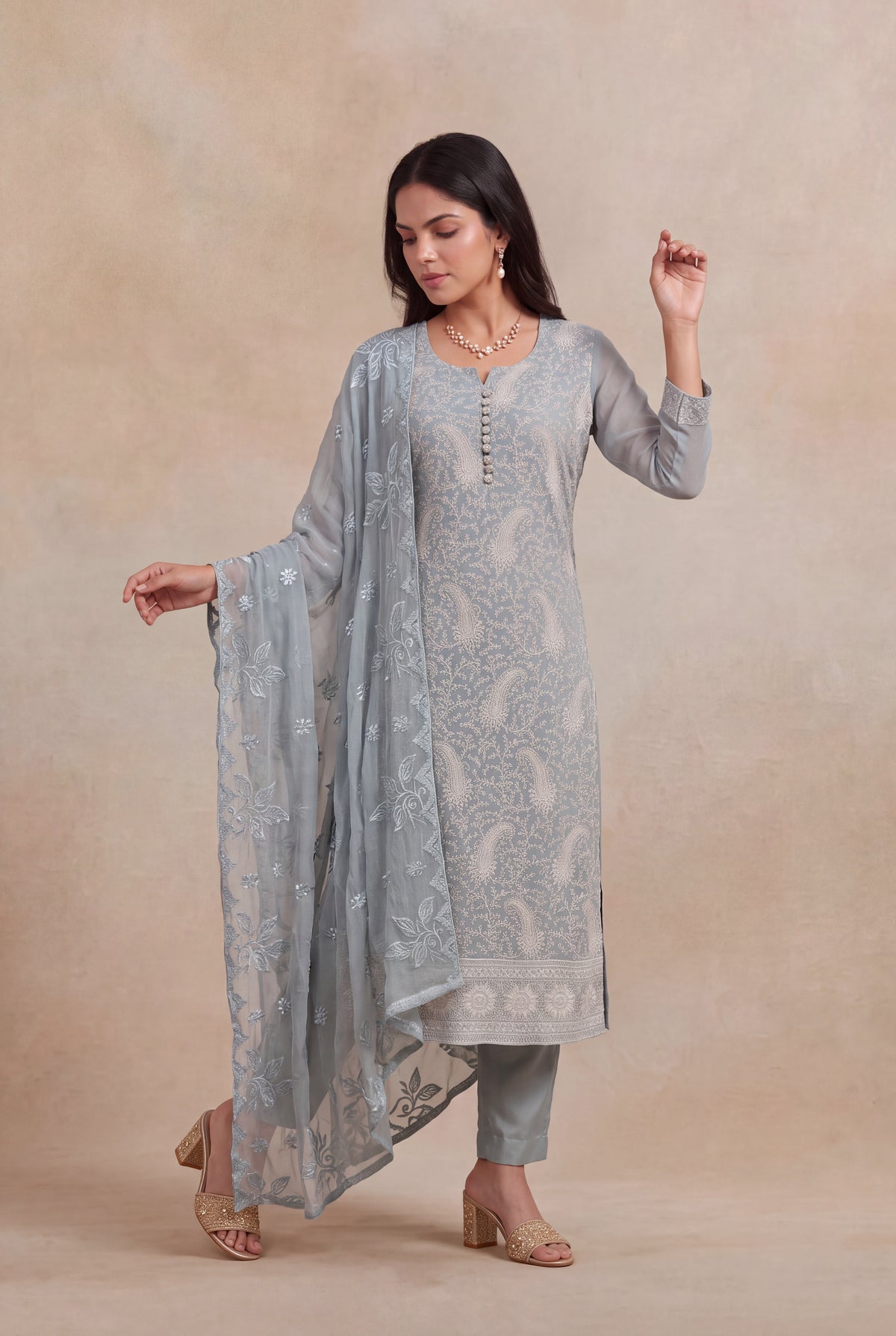 Dusty Blue Georgette Straight-Cut Salwar Suit
