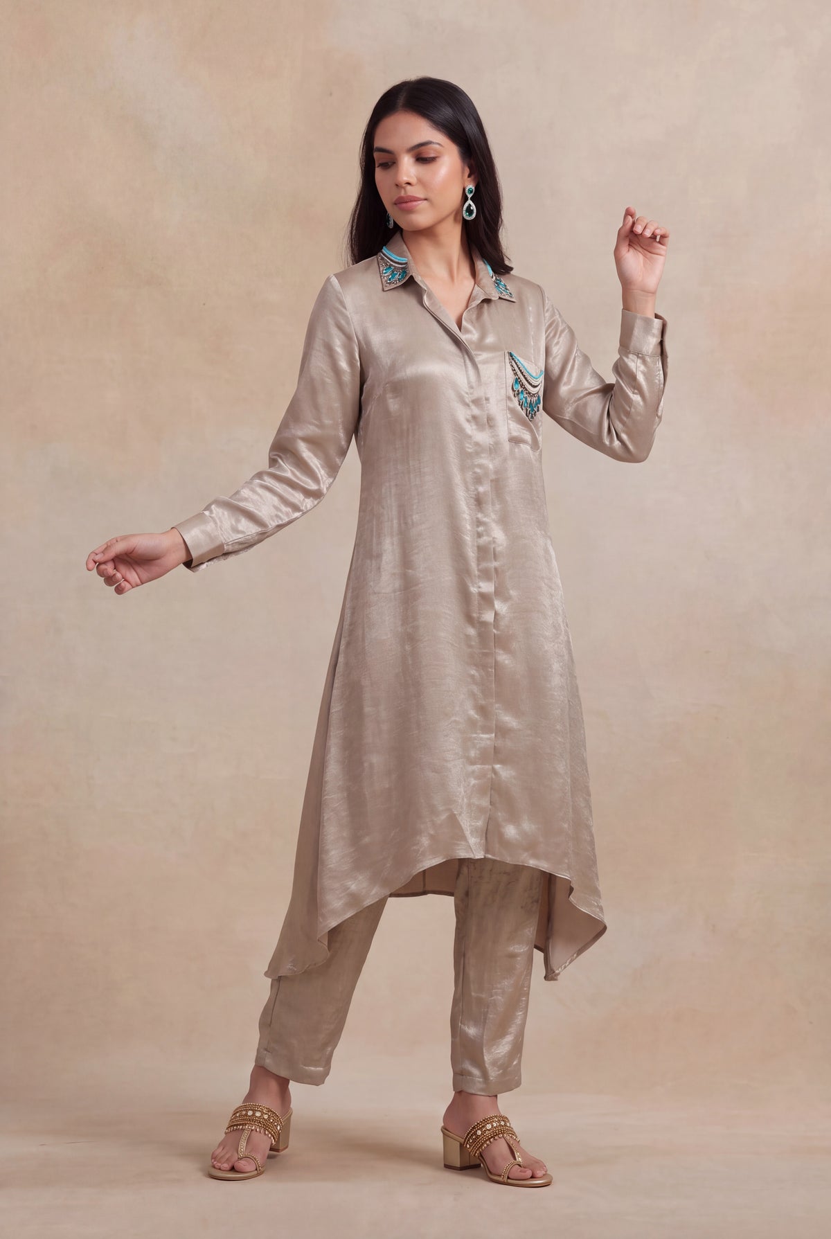 Champagne Shimmer High-Low Shirt Set