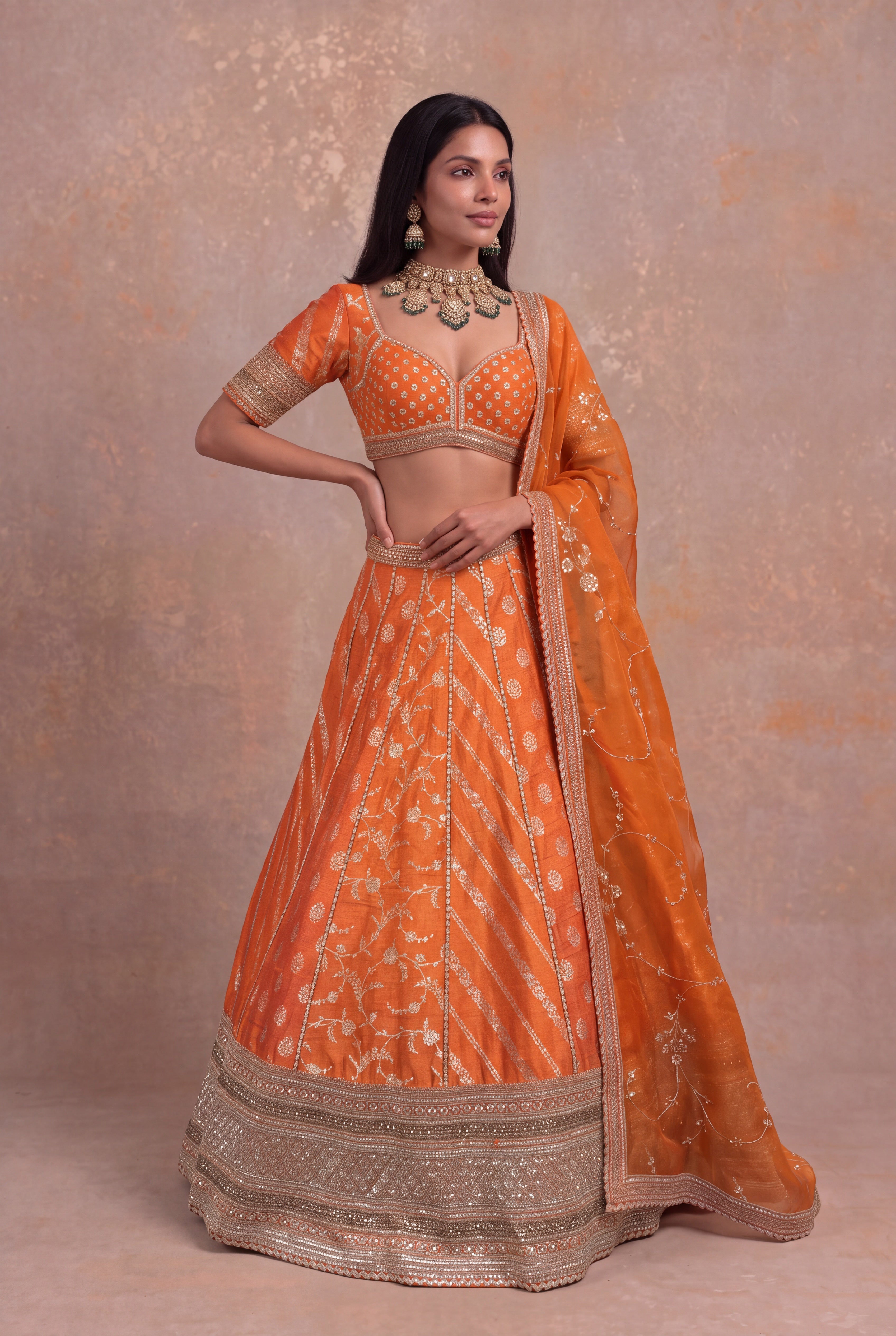 Orange Banarasi Raw Silk Lehenga