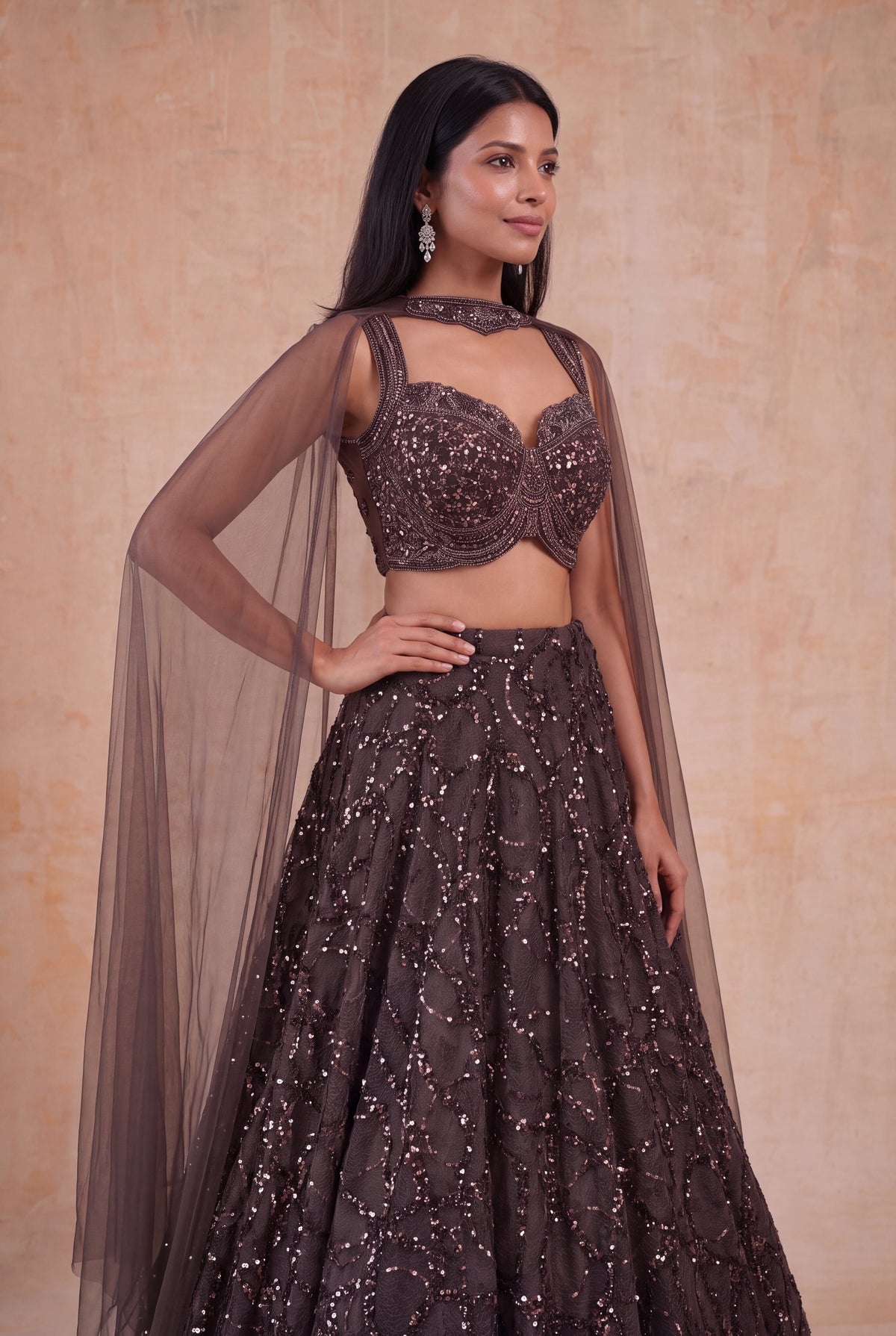Chocolate Brown Net Lehenga