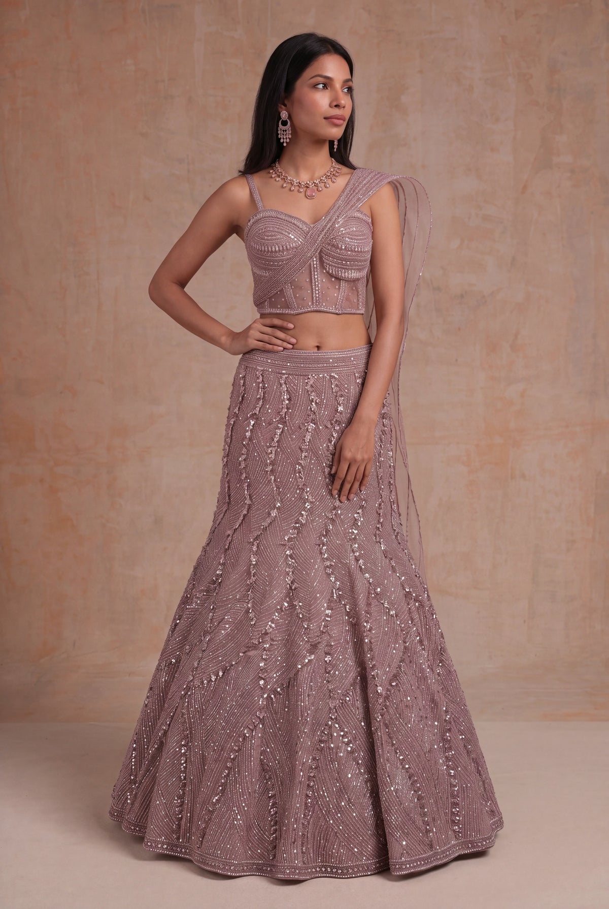 Onion Pink Embellished Fish Cut Lehenga