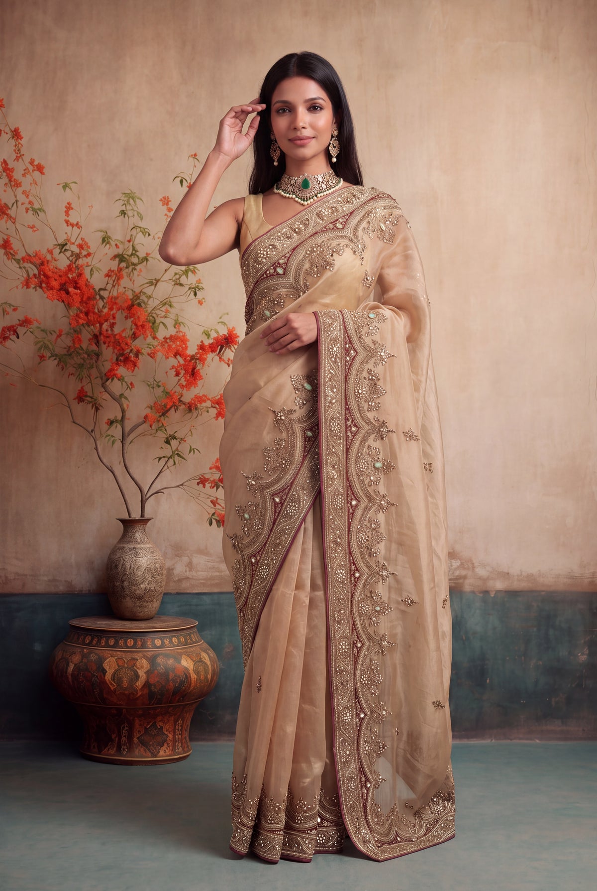 Gold Tissue Organza Zardosi Saree