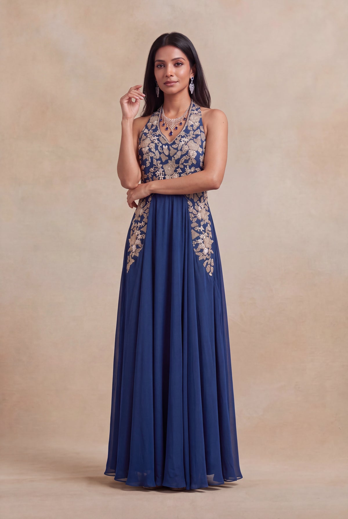 Navy Blue Satin Silk Gown