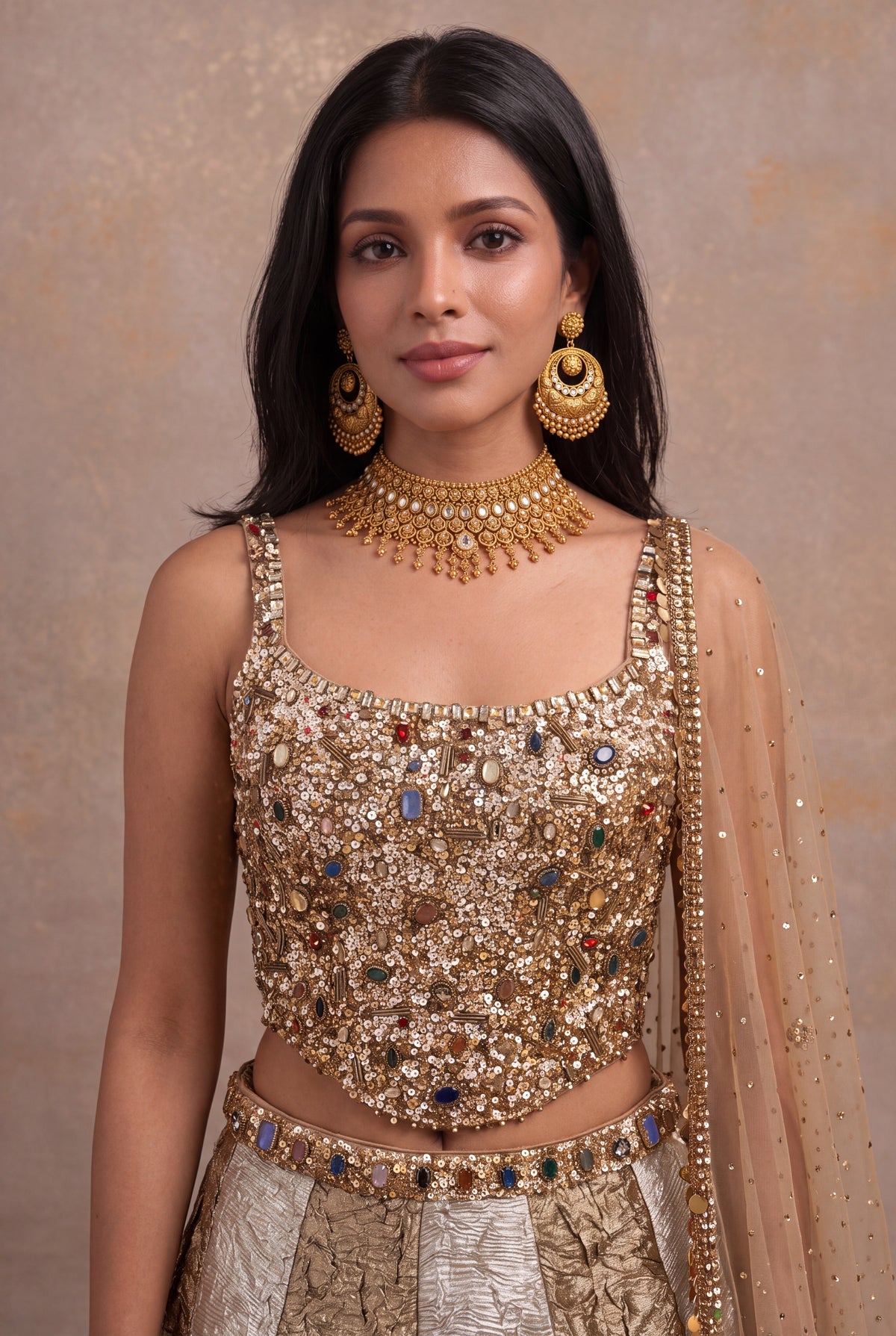 Golden Crush Tissue Jewel Work Lehenga