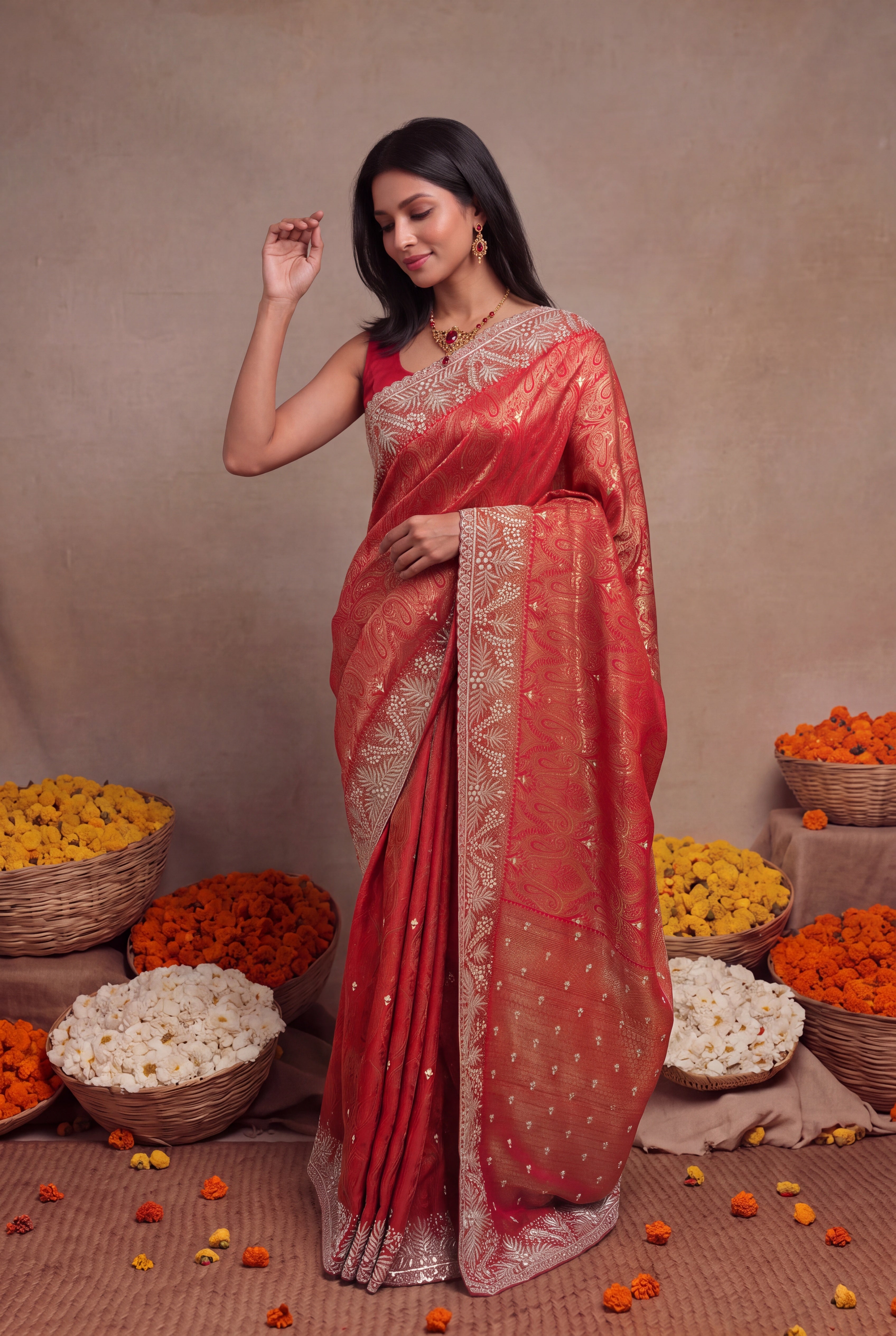 Red Banarasi Silk Saree with Embellished Border