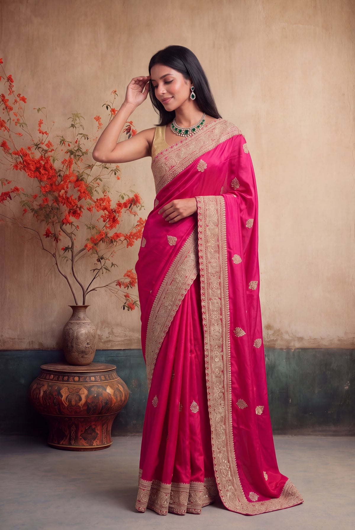 Rani Pink Satin Zardosi Saree