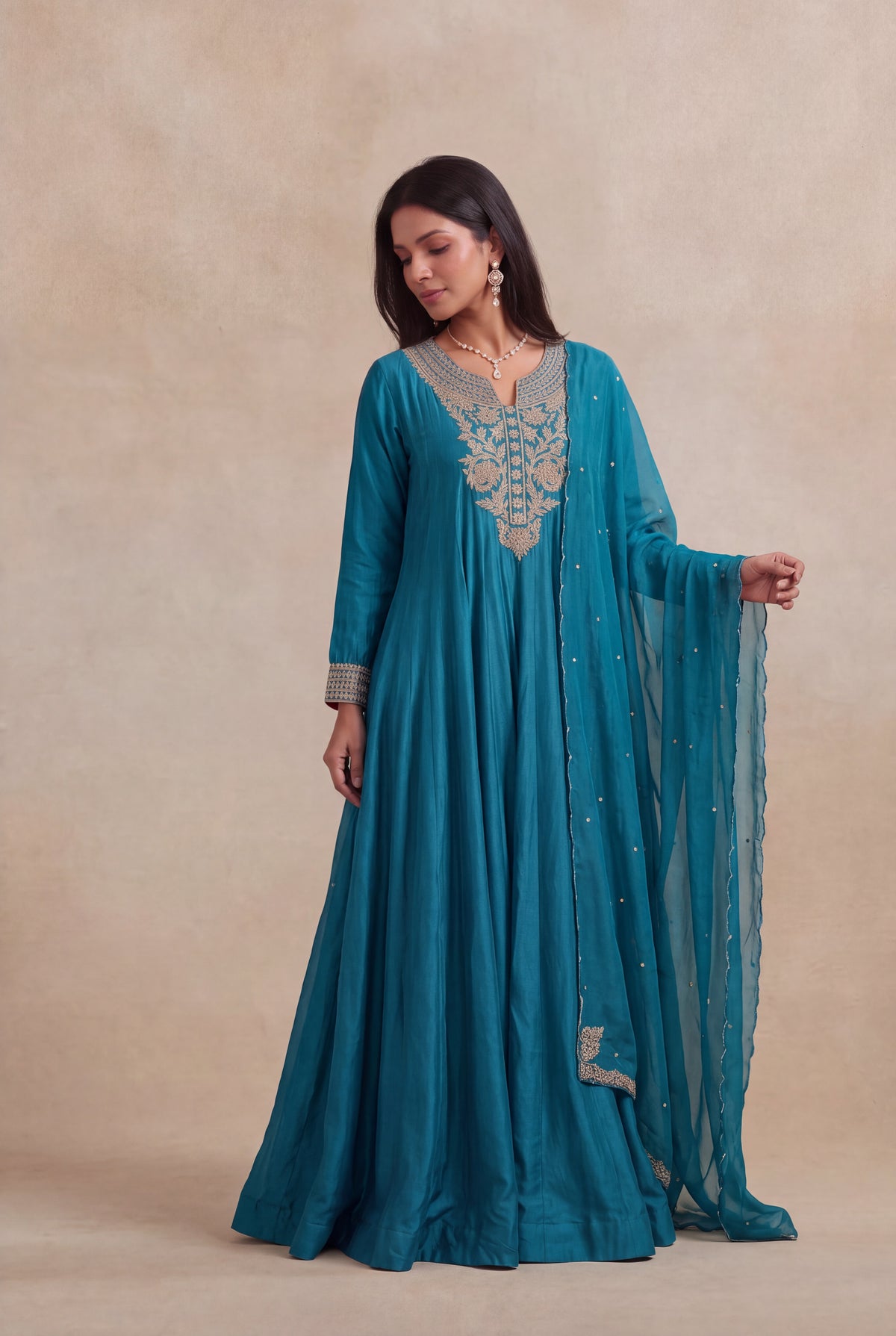 Teal Blue Chinon Silk Anarkali