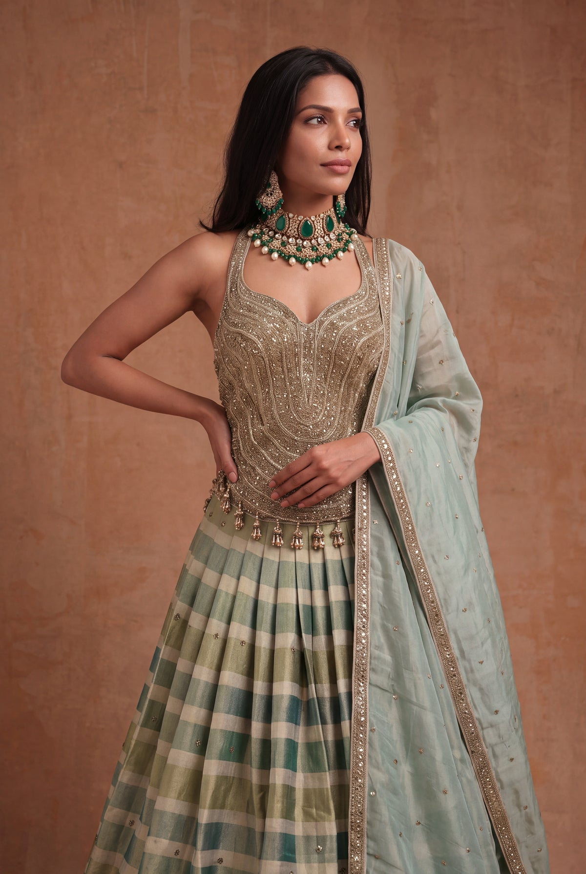 Sage Green Checked Tissue Lehenga