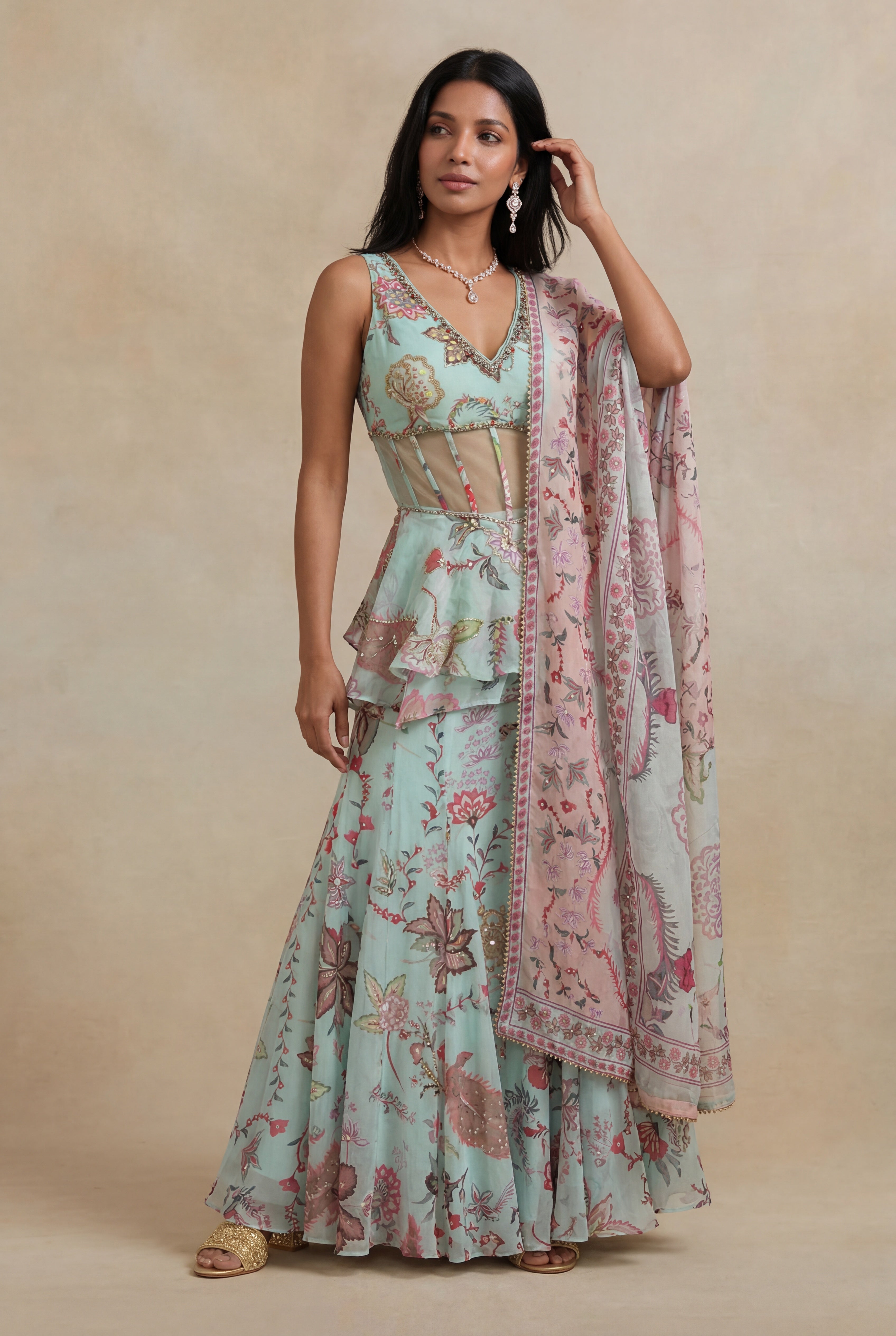 Pastel Mint Organza Printed Indo-Western Skirt Set