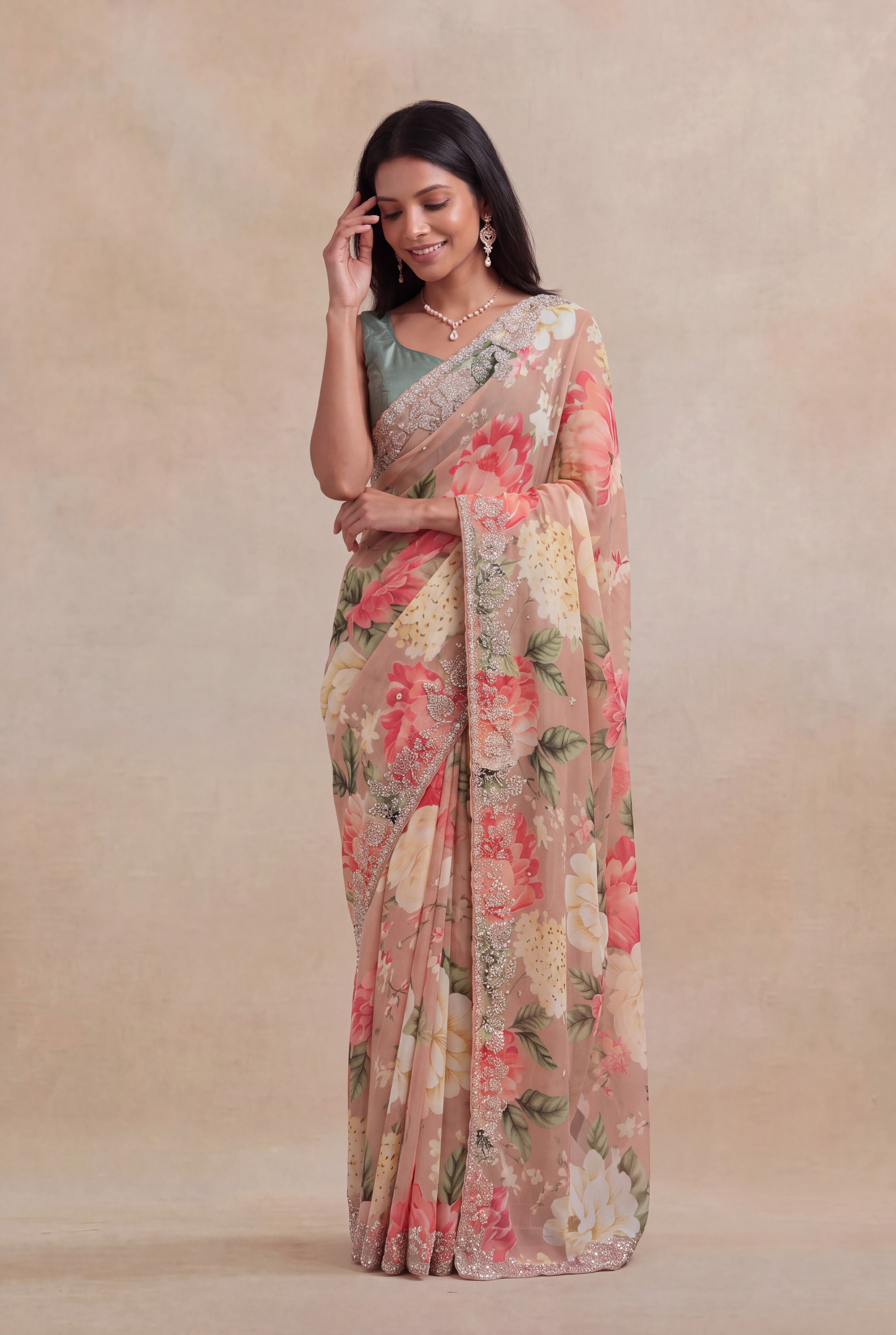 Peach Georgette Floral Print Saree