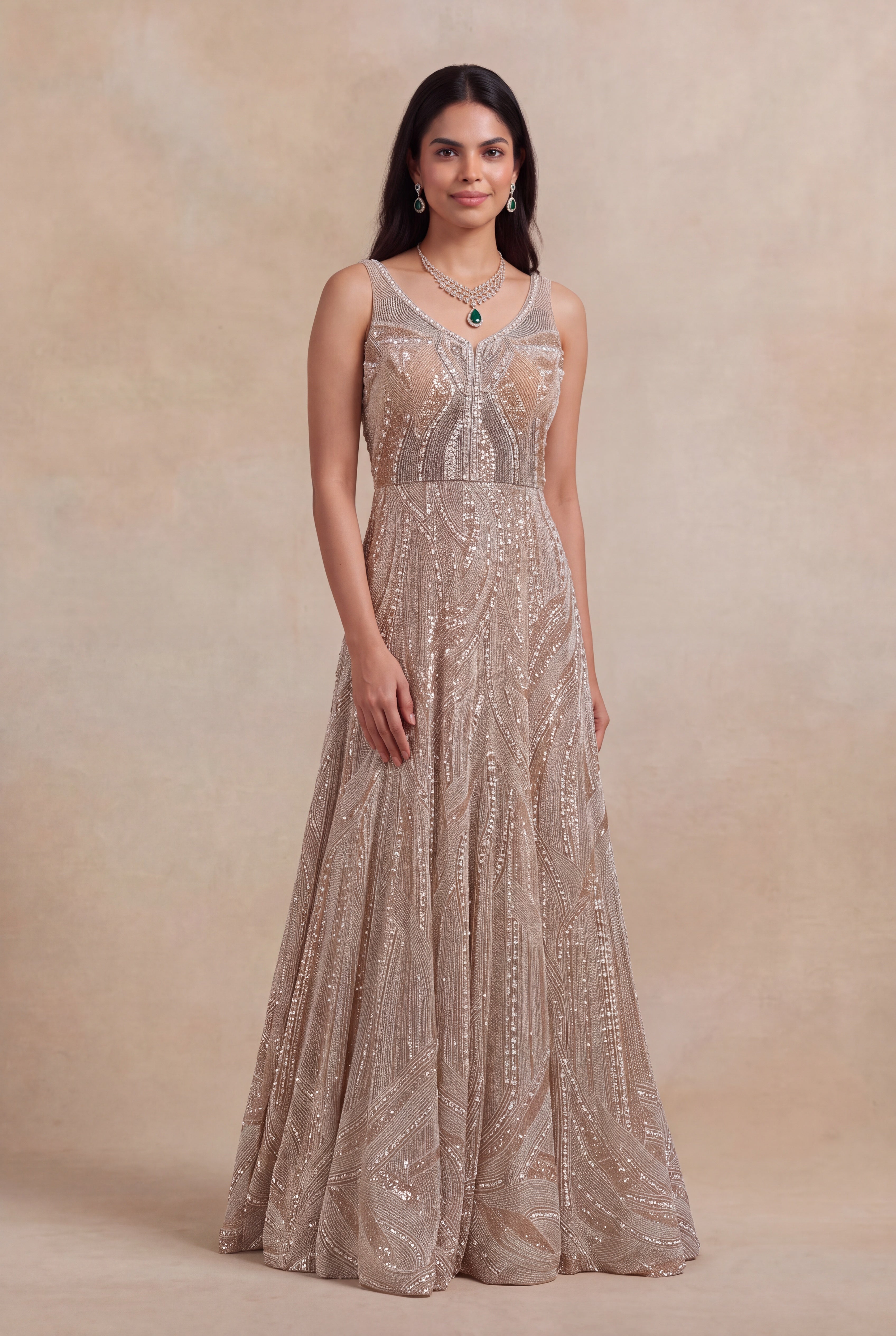 Champagne Gold Sequin & Pearl Embroidered Gown