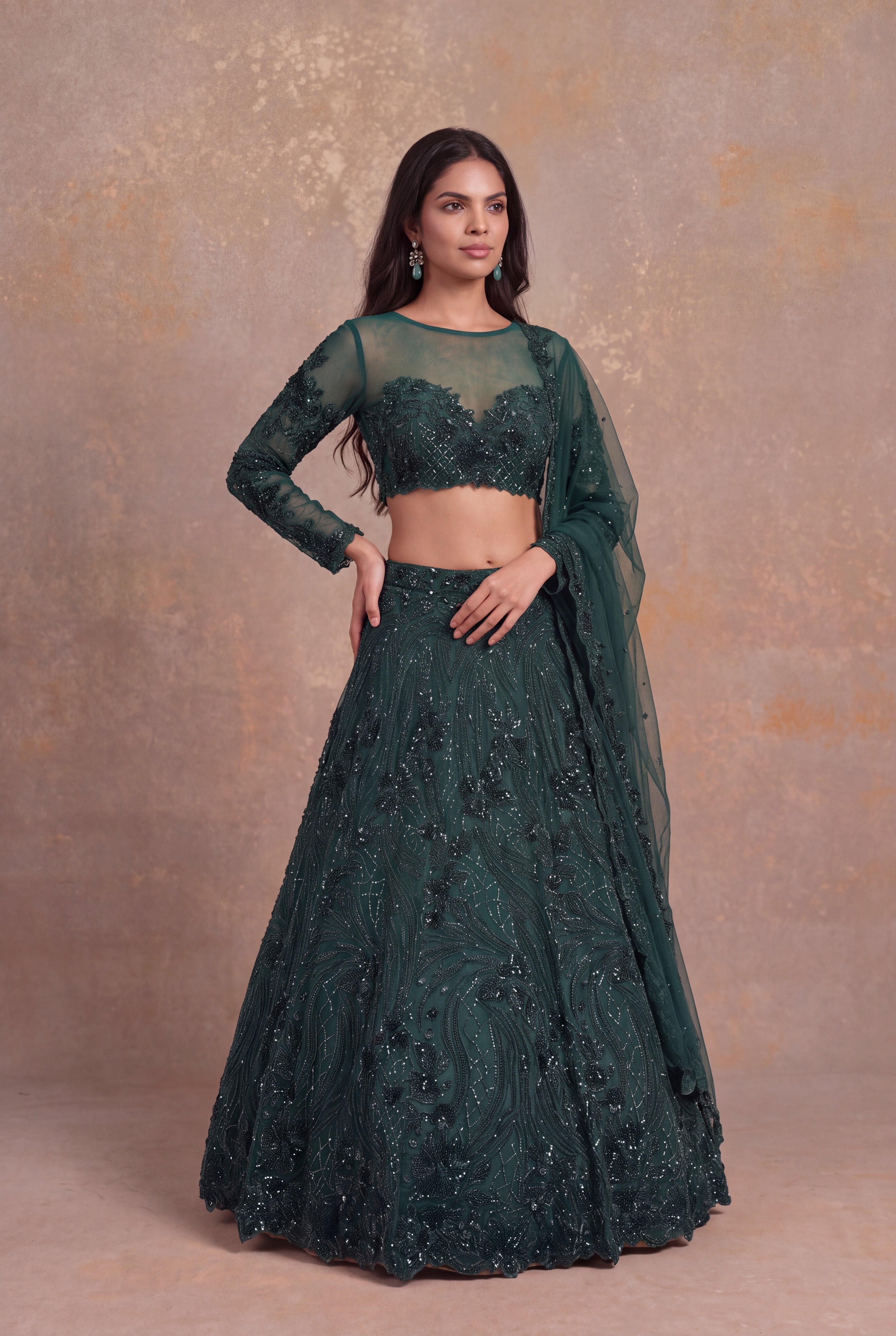 Emerald Green Net Lehenga with Sheer Sleeves and Swirling Bead Embroidery