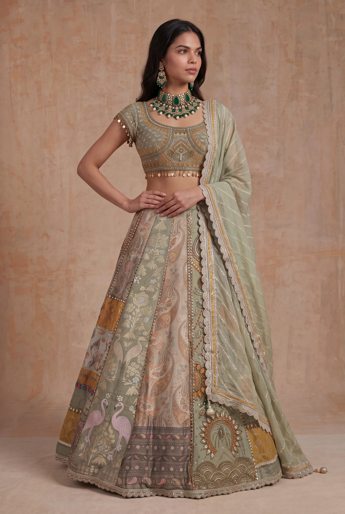 Light Green & Mustard Banarasi Printed Lehenga