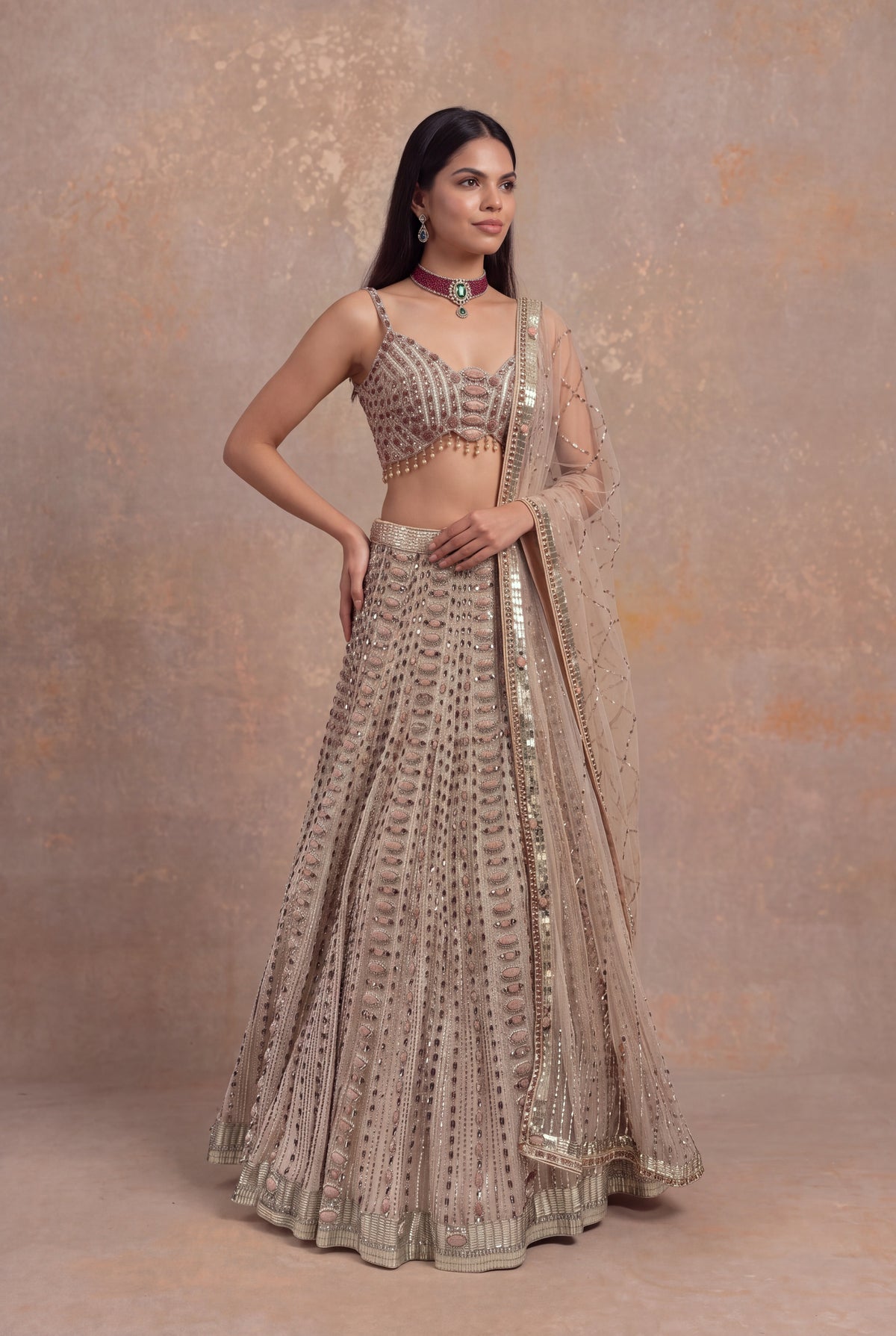 Light Peach Silk Lehenga Set with Stone and Pearl Embroidery