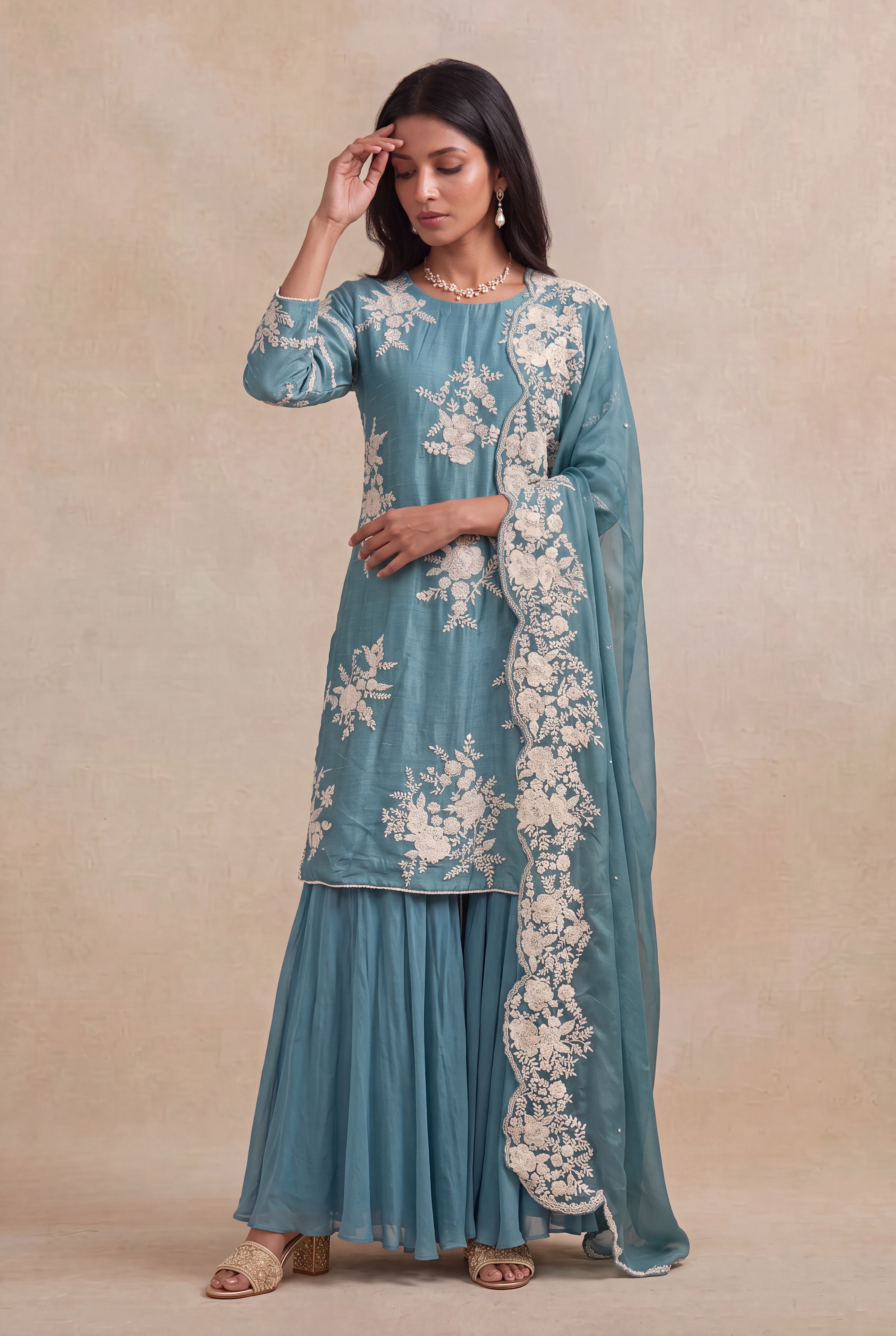 Teal Blue Raw Silk Sharara Set with Pearl Embroidery