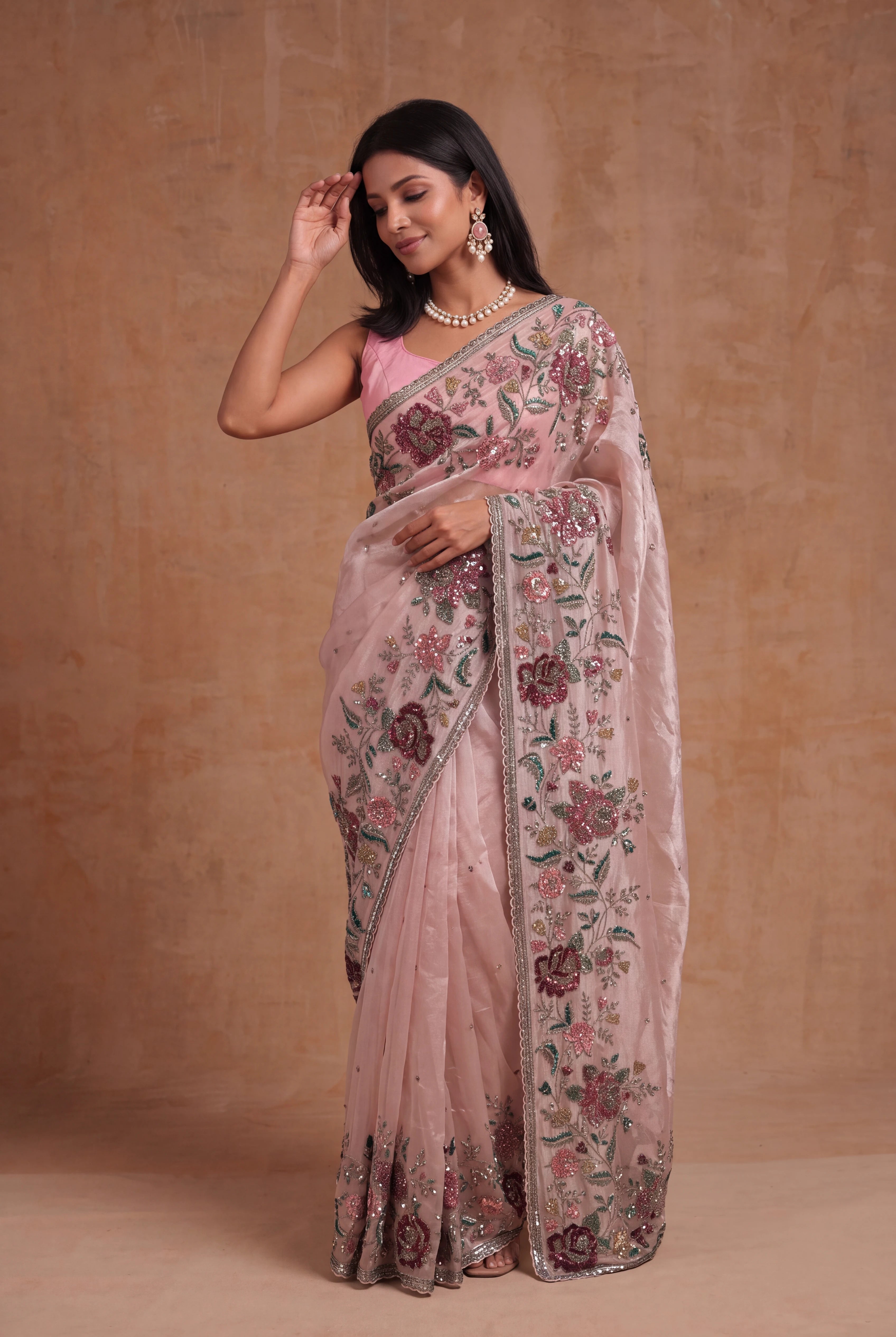 Blush Pink Tissue Organza Floral Sequin Saree