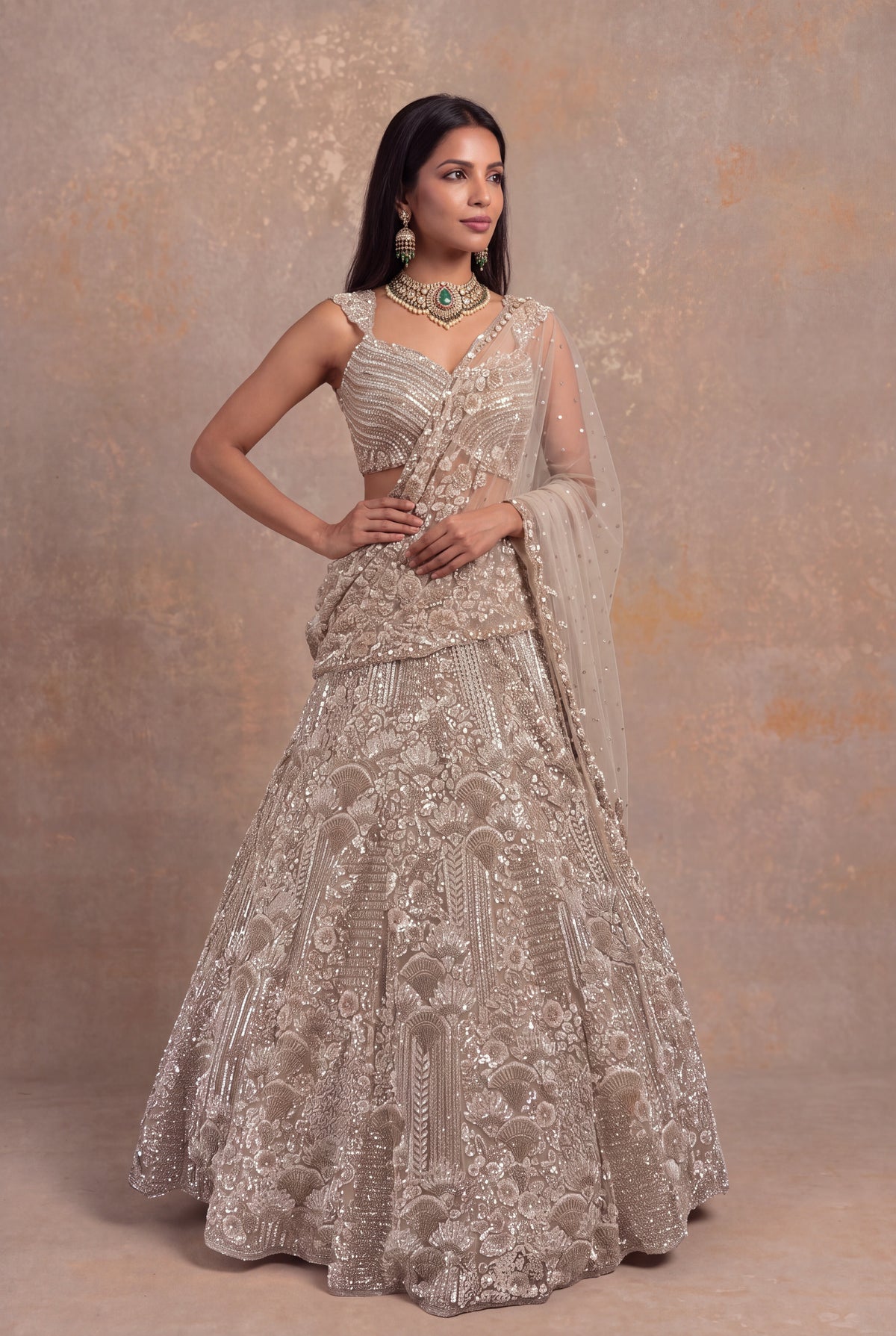 Beige Gold Net Lehenga with Sequin and Bead Embroidery