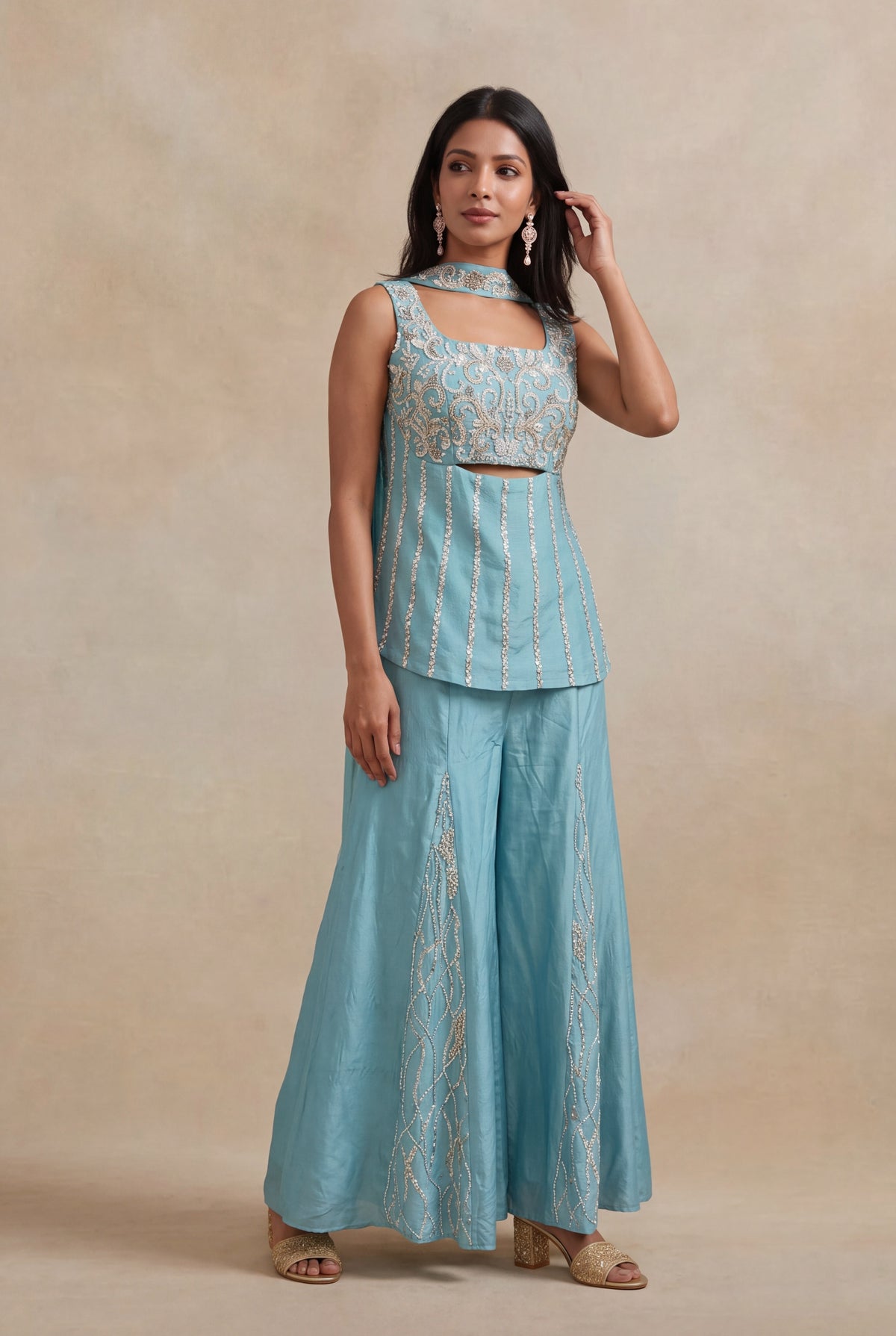 Powder Blue Crepe Palazzo Set with Sequins & Katdana Work