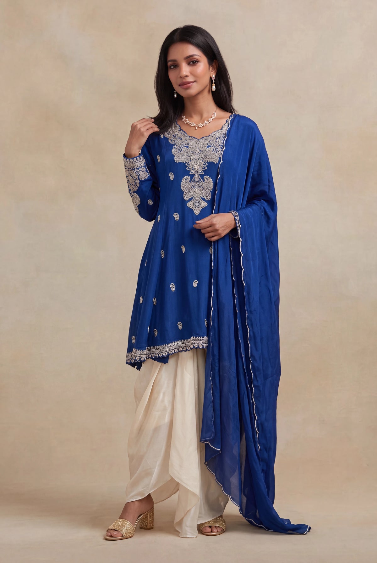 Royal Blue Chinon Indo-Western Set