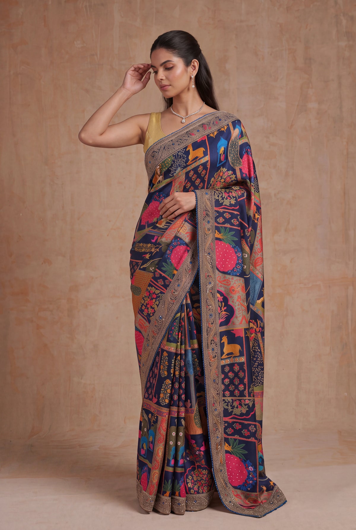 Navy Blue Digital Print Satin Saree