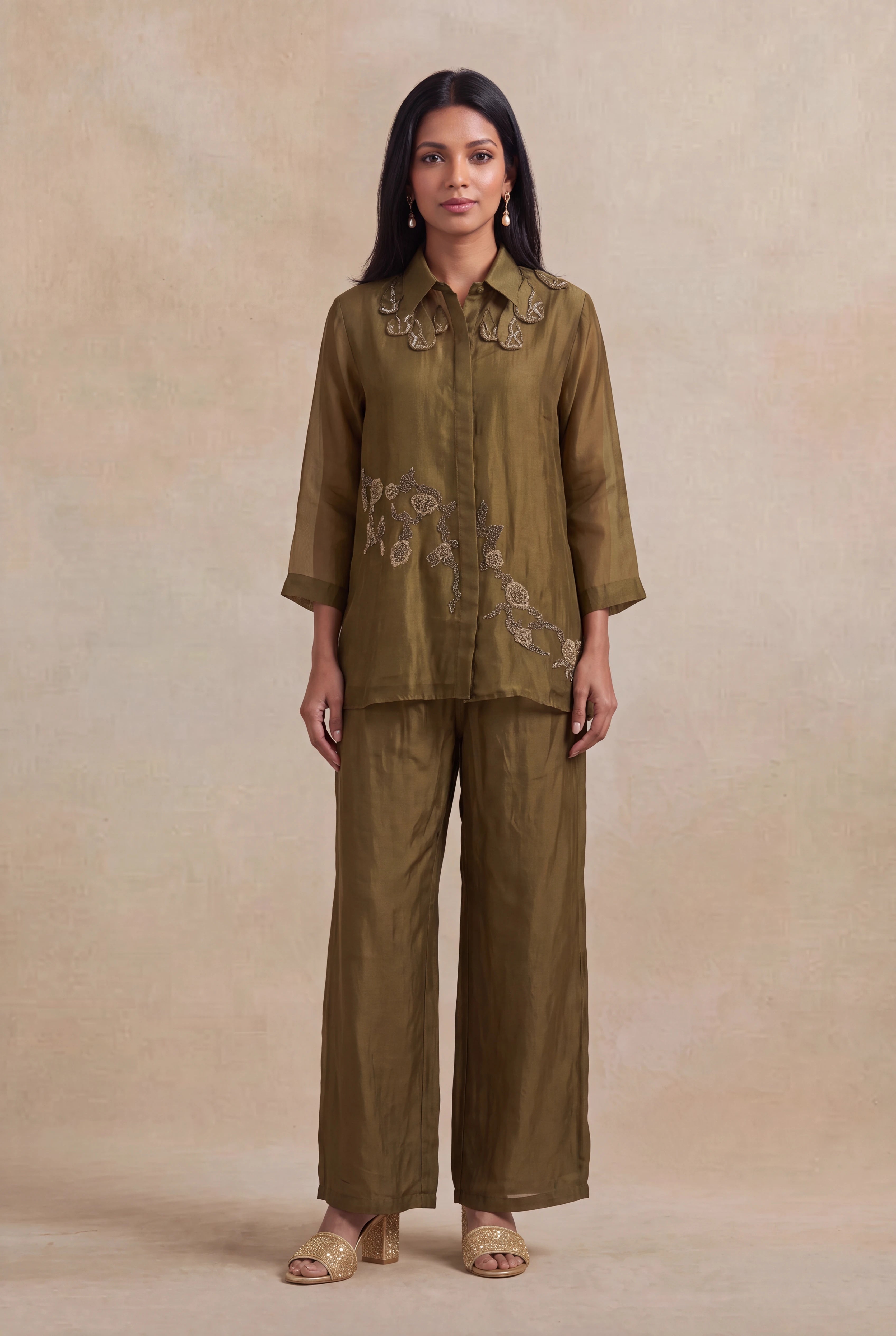 Olive Green Organza Embellished Co-ord Set