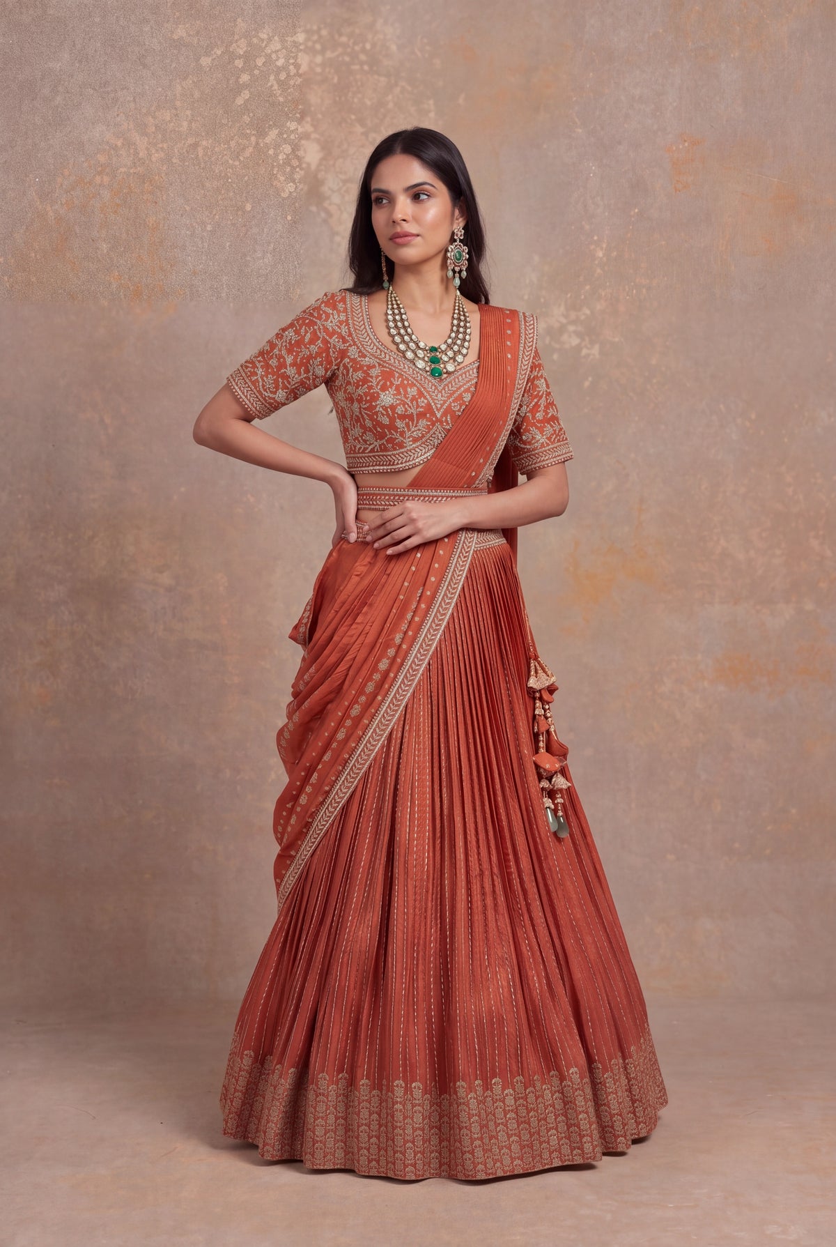Light Orange Banarasi Draped Lehenga Set