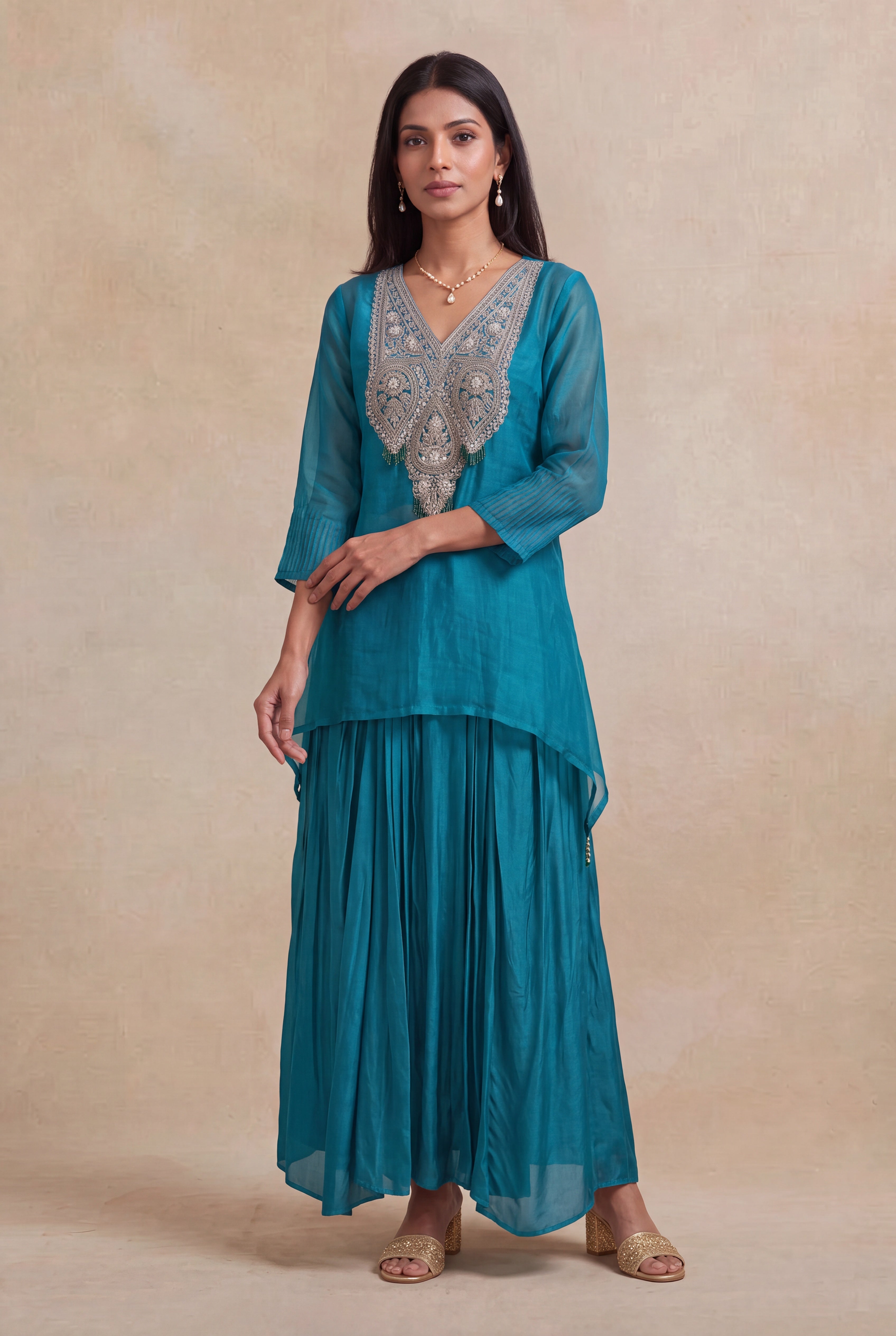 Teal Blue Organza Indo-Western Co-Ord Set