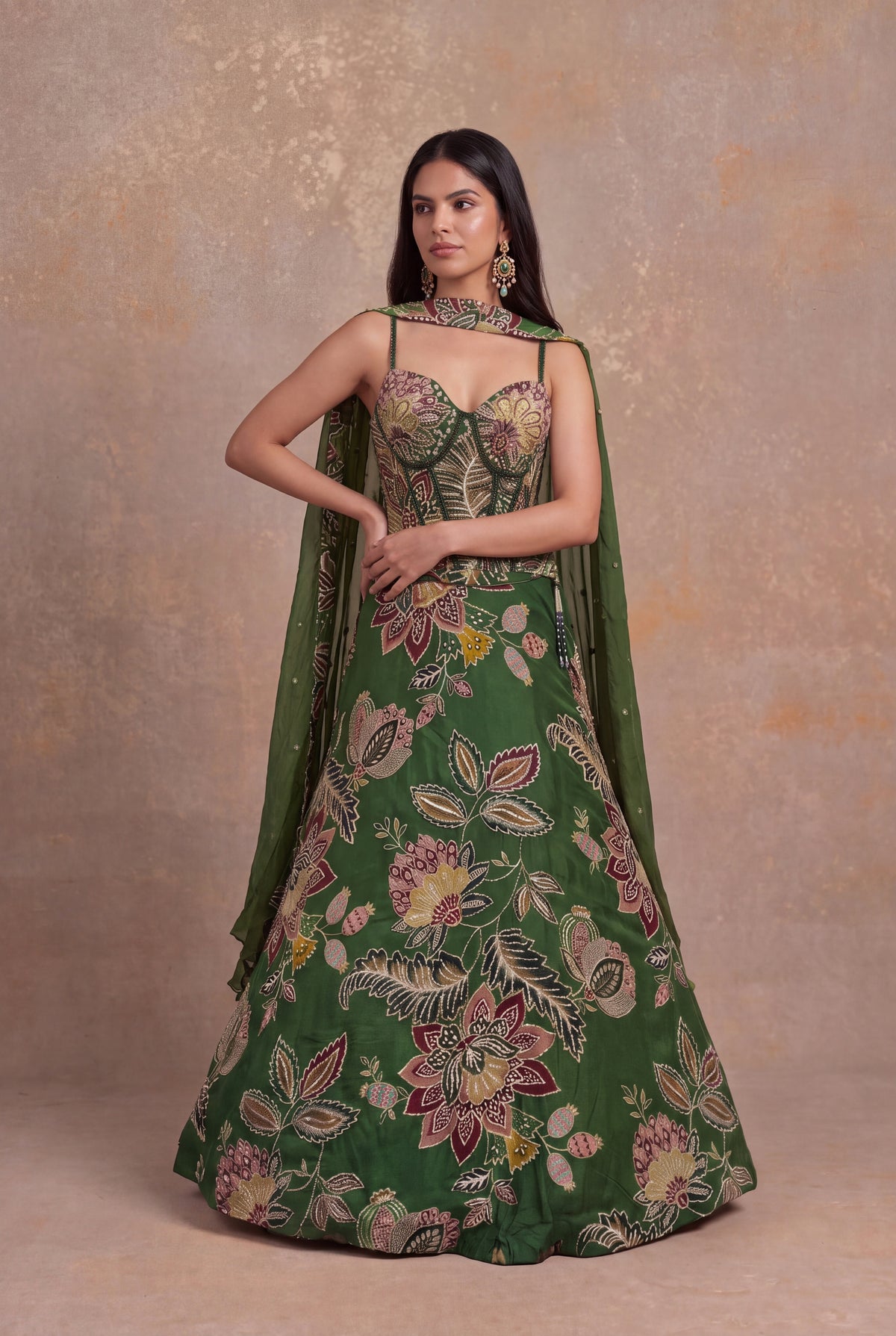 Forest Green Organza Floral Embroidered Corset Lehenga