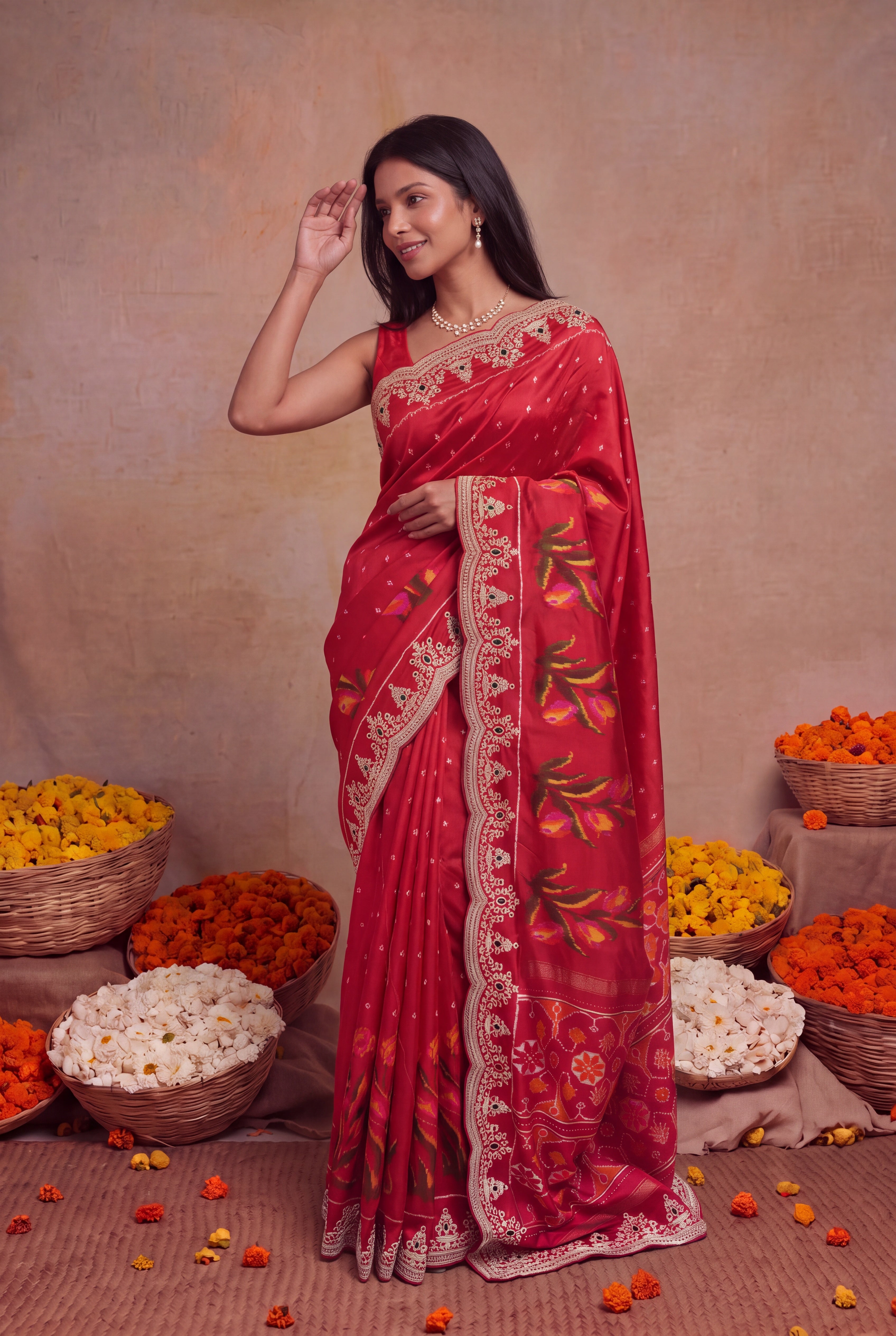 Red Twill Silk Zardosi Border Saree