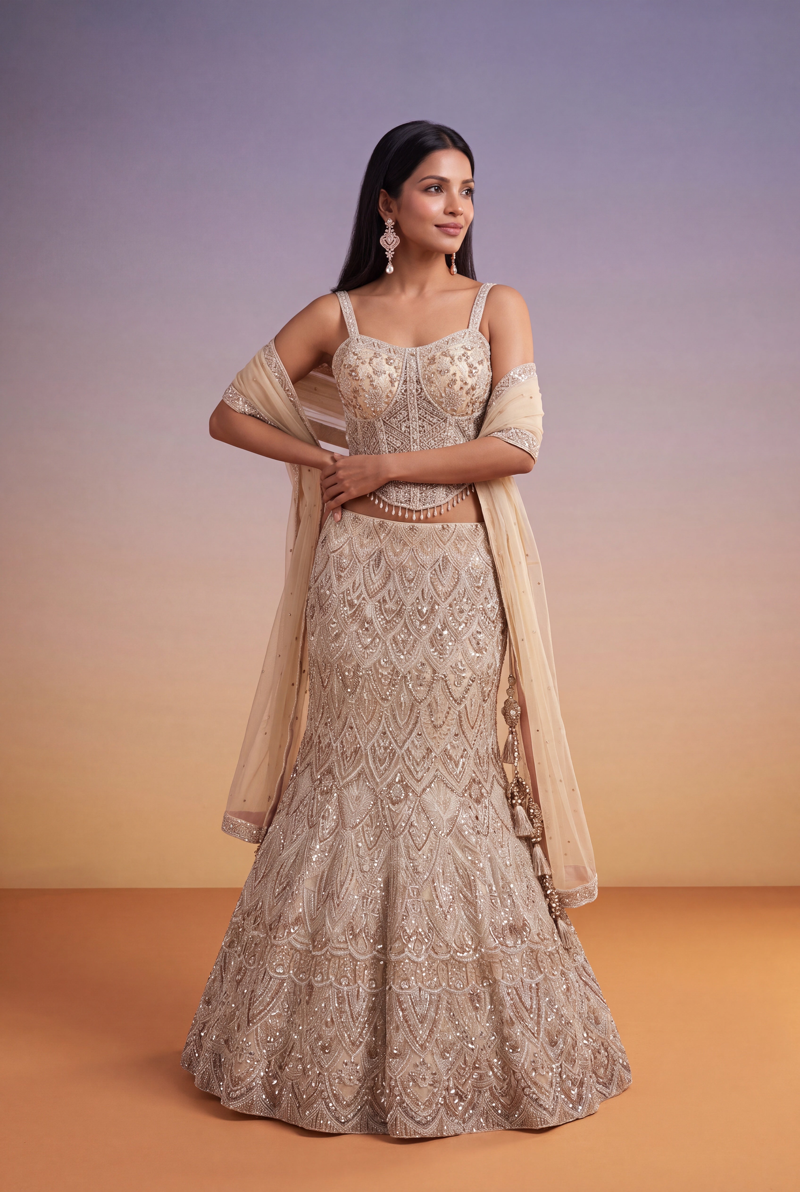 Champagne Net Lehenga with Corset Blouse and Sequin-Kutdana Embroidery