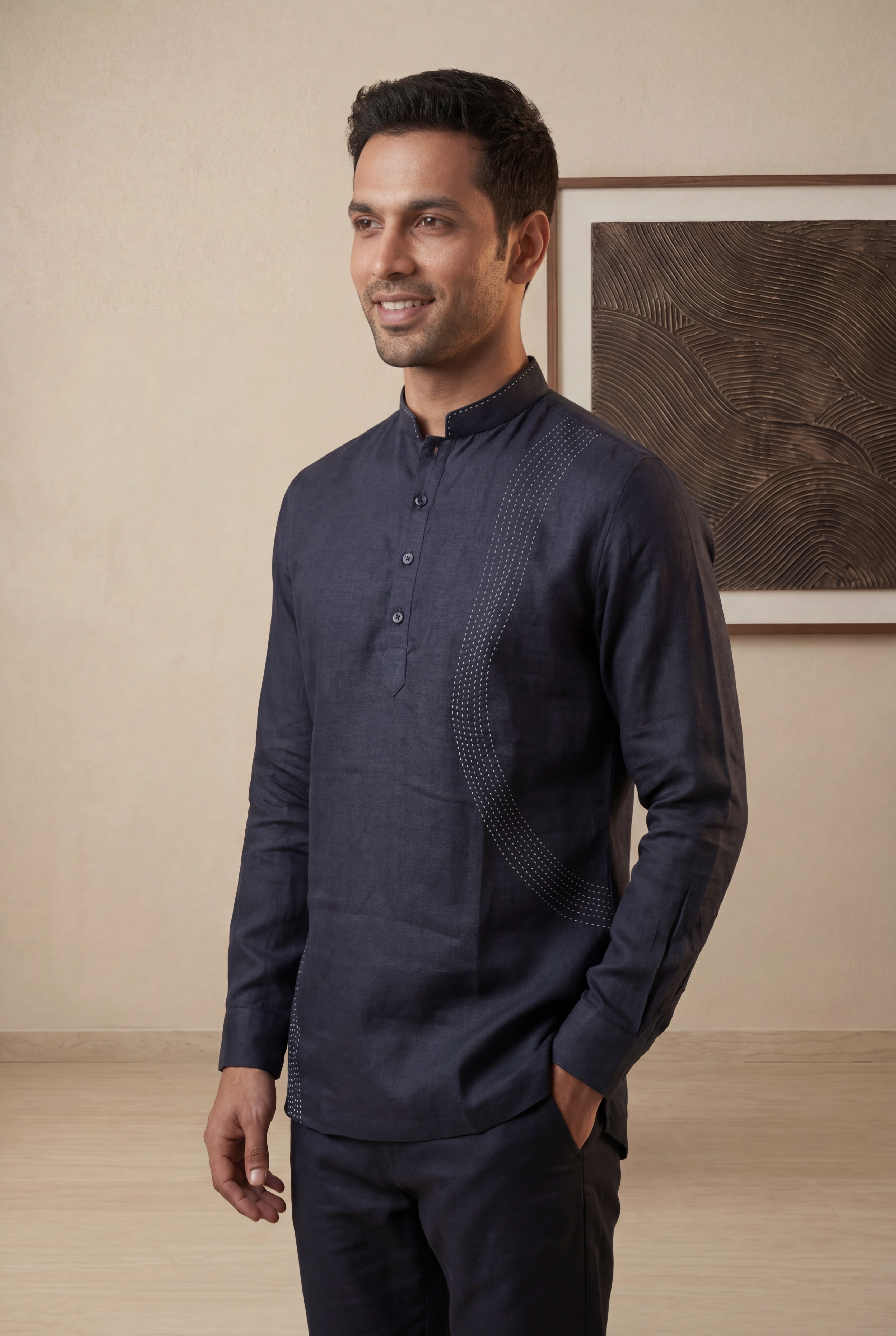 Navy Blue Linen Chinese Collar Short Kurta