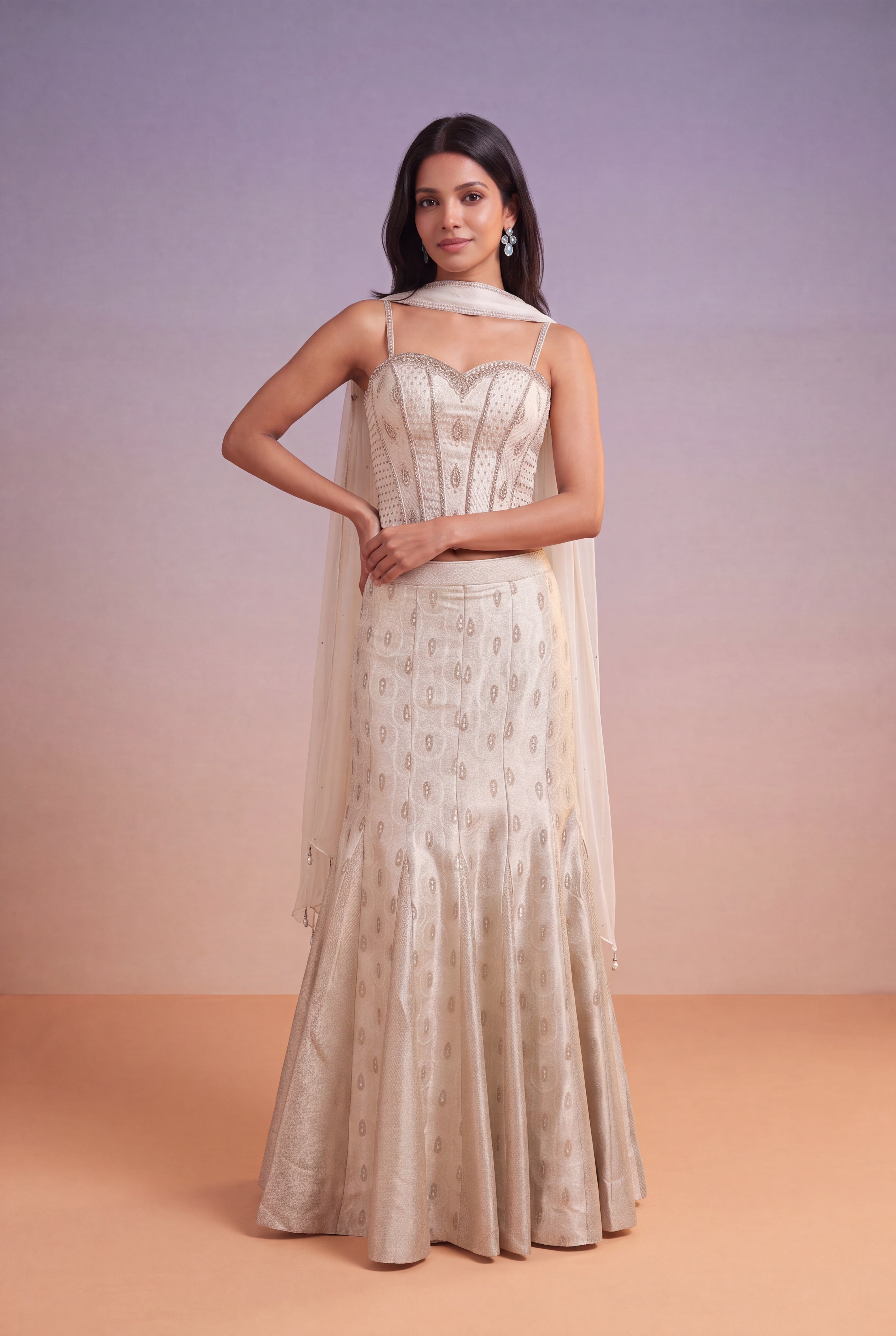 Ivory Tissue Lehenga with Fish-Cut Corset Blouse