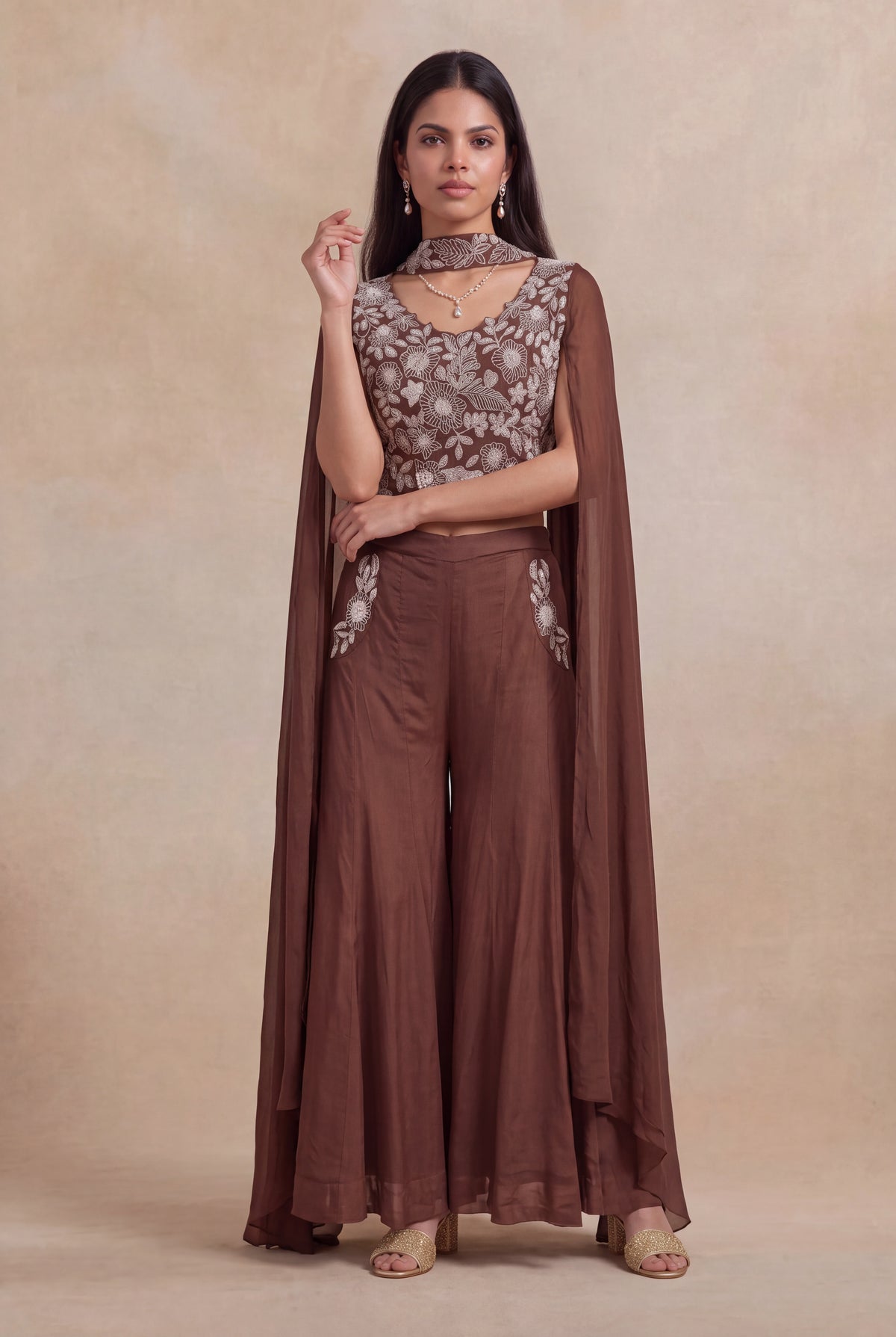 Brown Georgette Indo-Western Palazzo Set