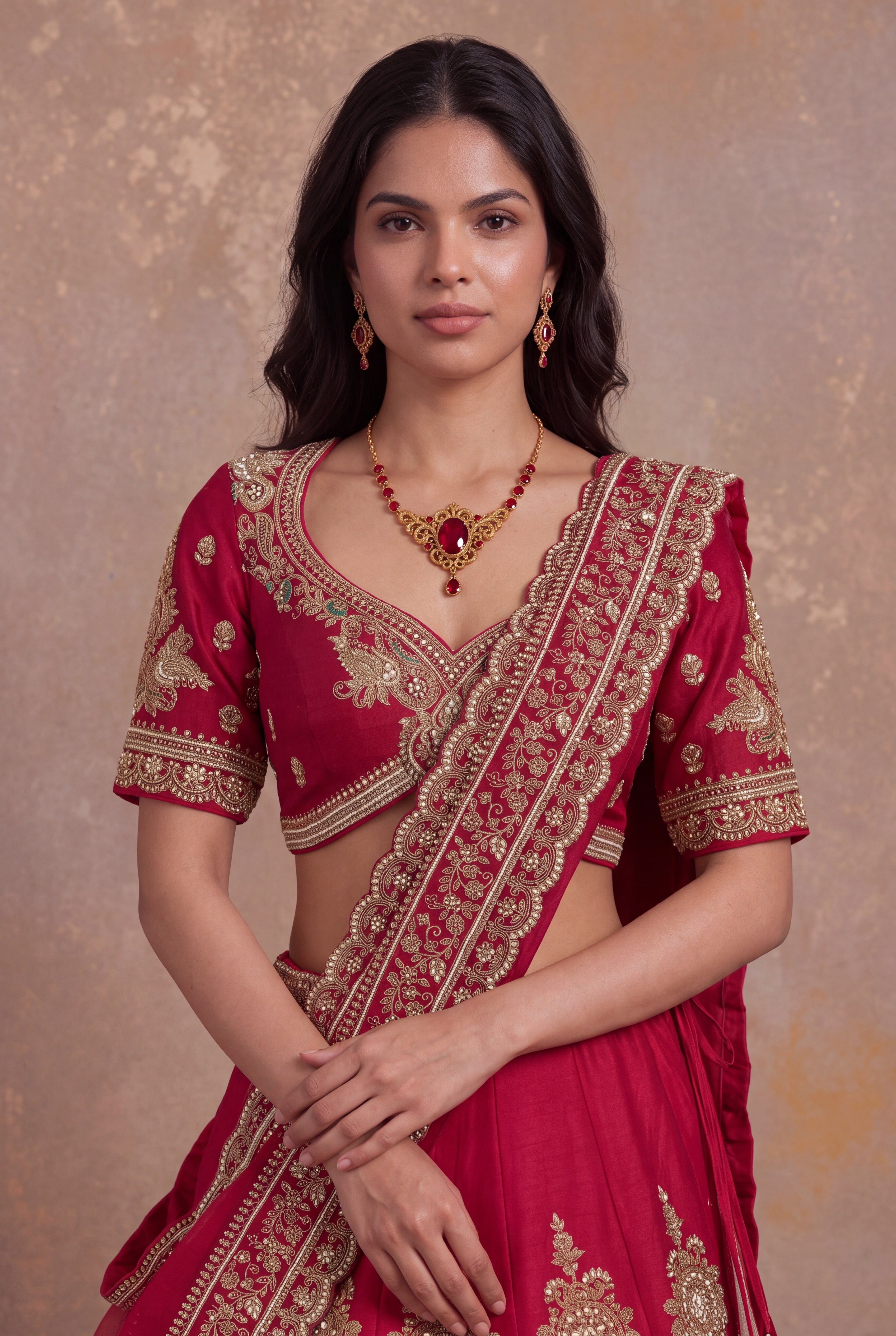 Red Raw Silk Bridal Lehenga with Antique Gold Zardozi Embroidery