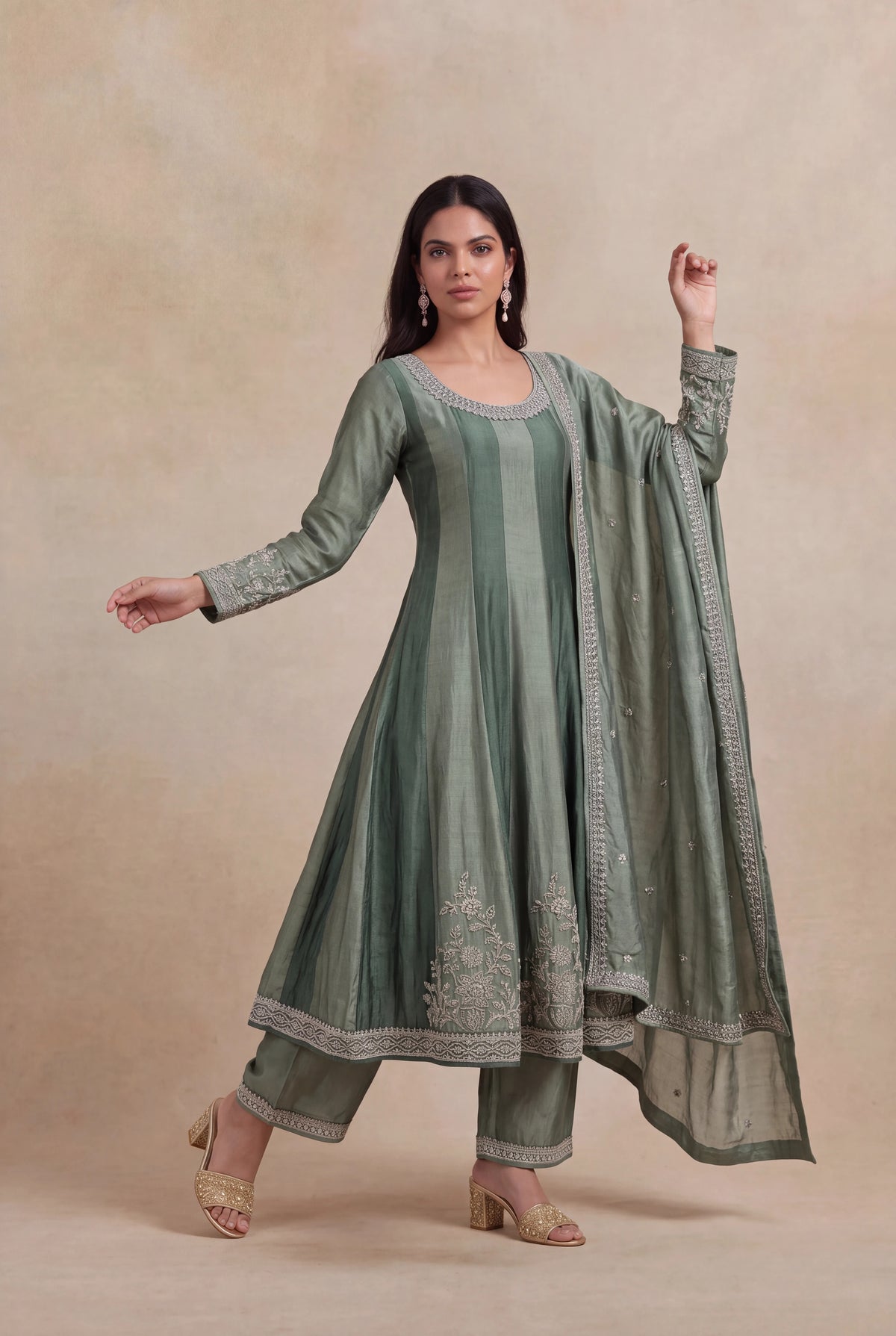 Sage Green Raw Silk Anarkali Set