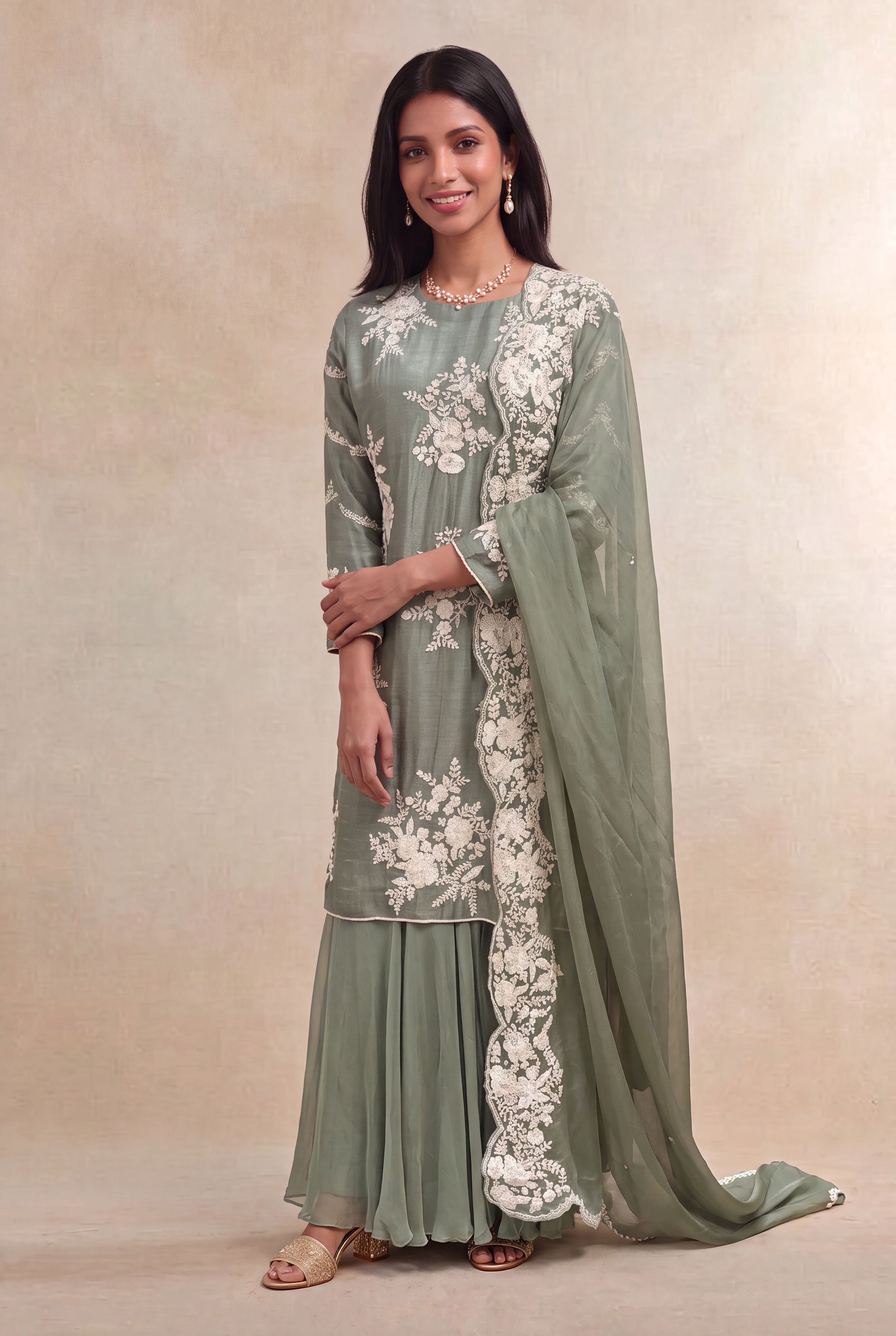 Sage Green Raw Silk Sharara Set with Pearl Embroidery