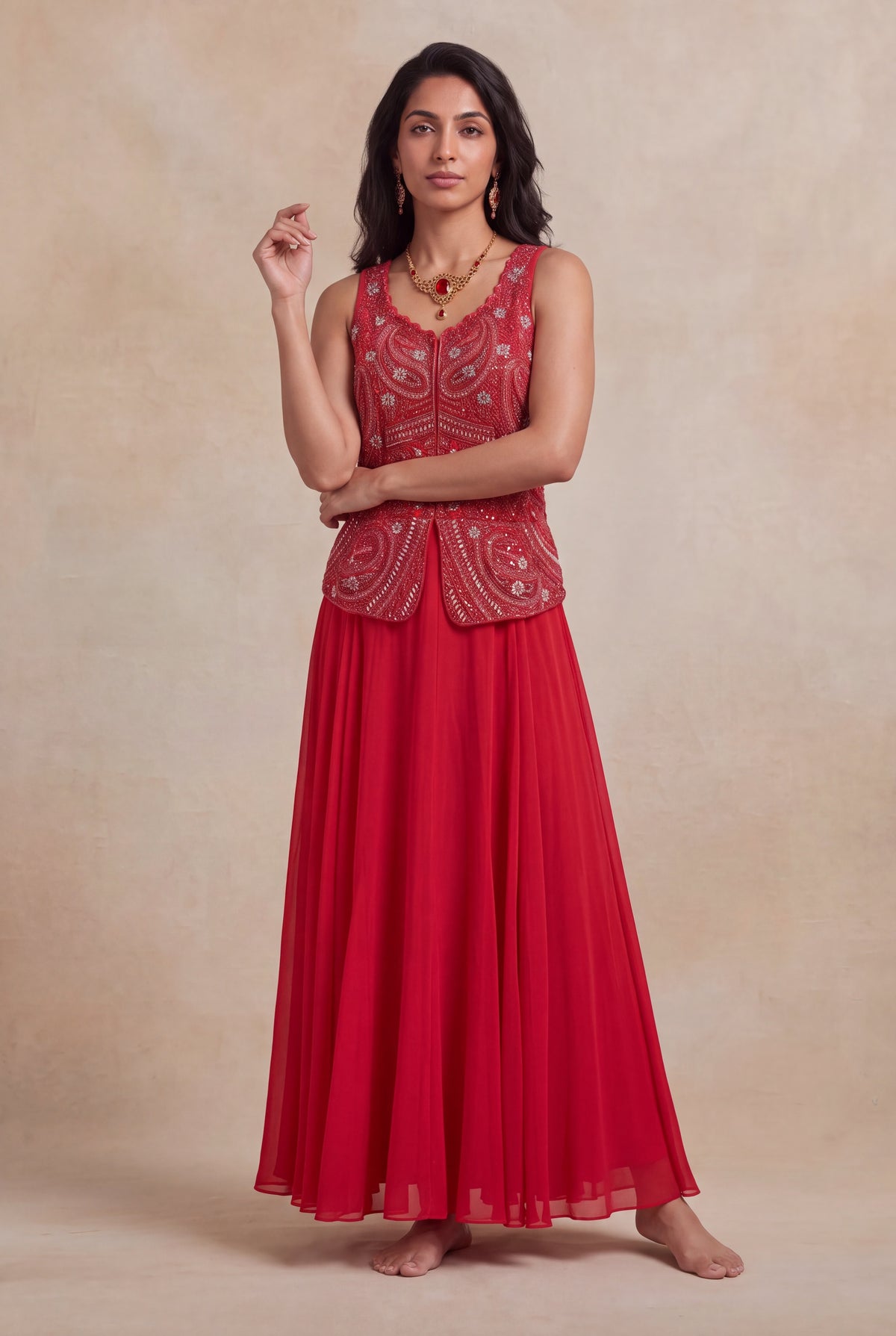 Red Sequins & Katdana Embroidered Jacket Gown
