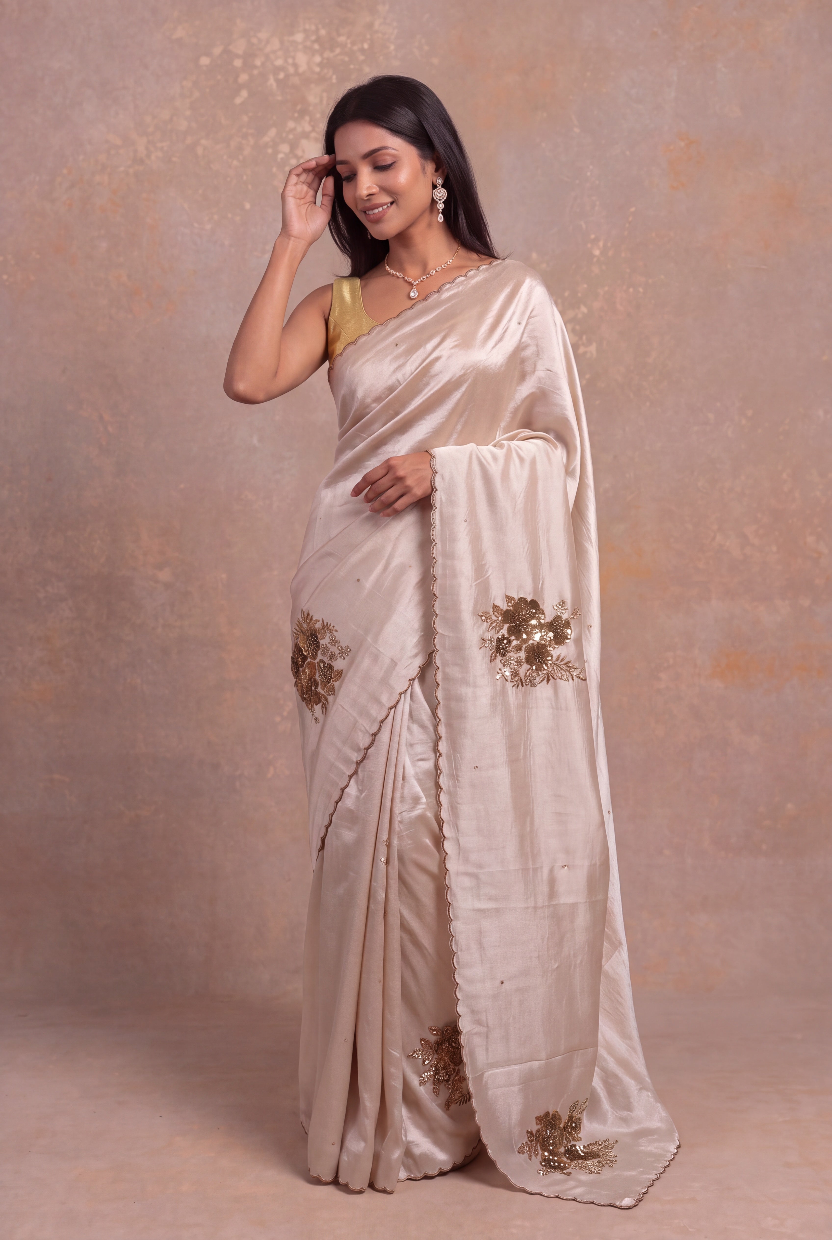 Ivory Silk Saree with Antique Sequin & Bead Floral Work