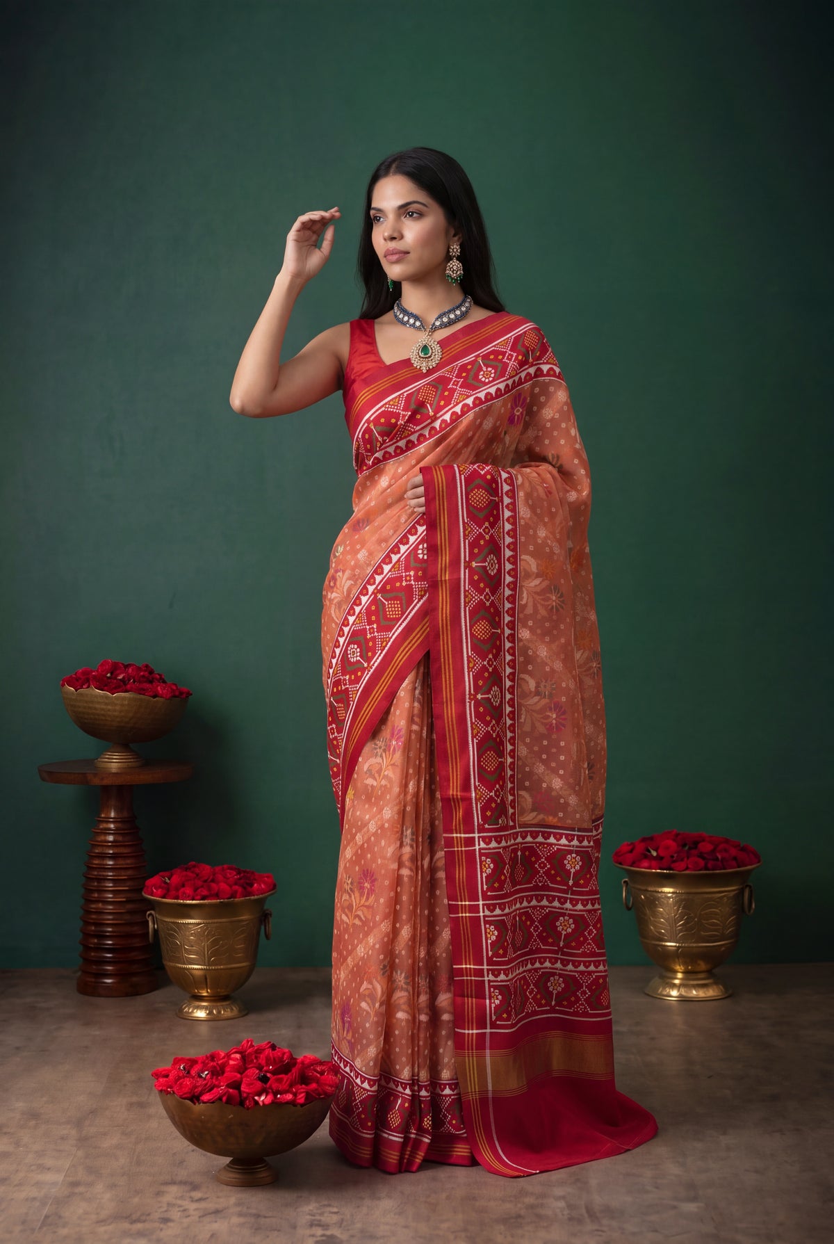 Peach Kora Silk Jamdani Saree