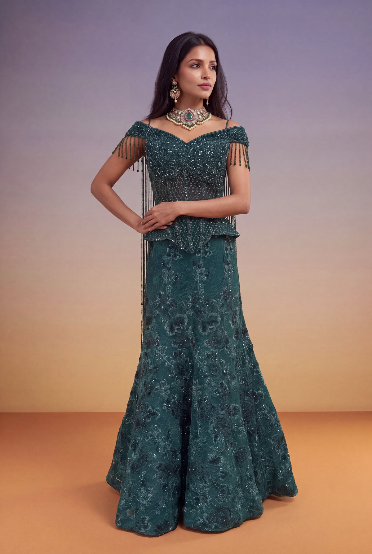 Emerald Green Indo-Western Corset Lehenga