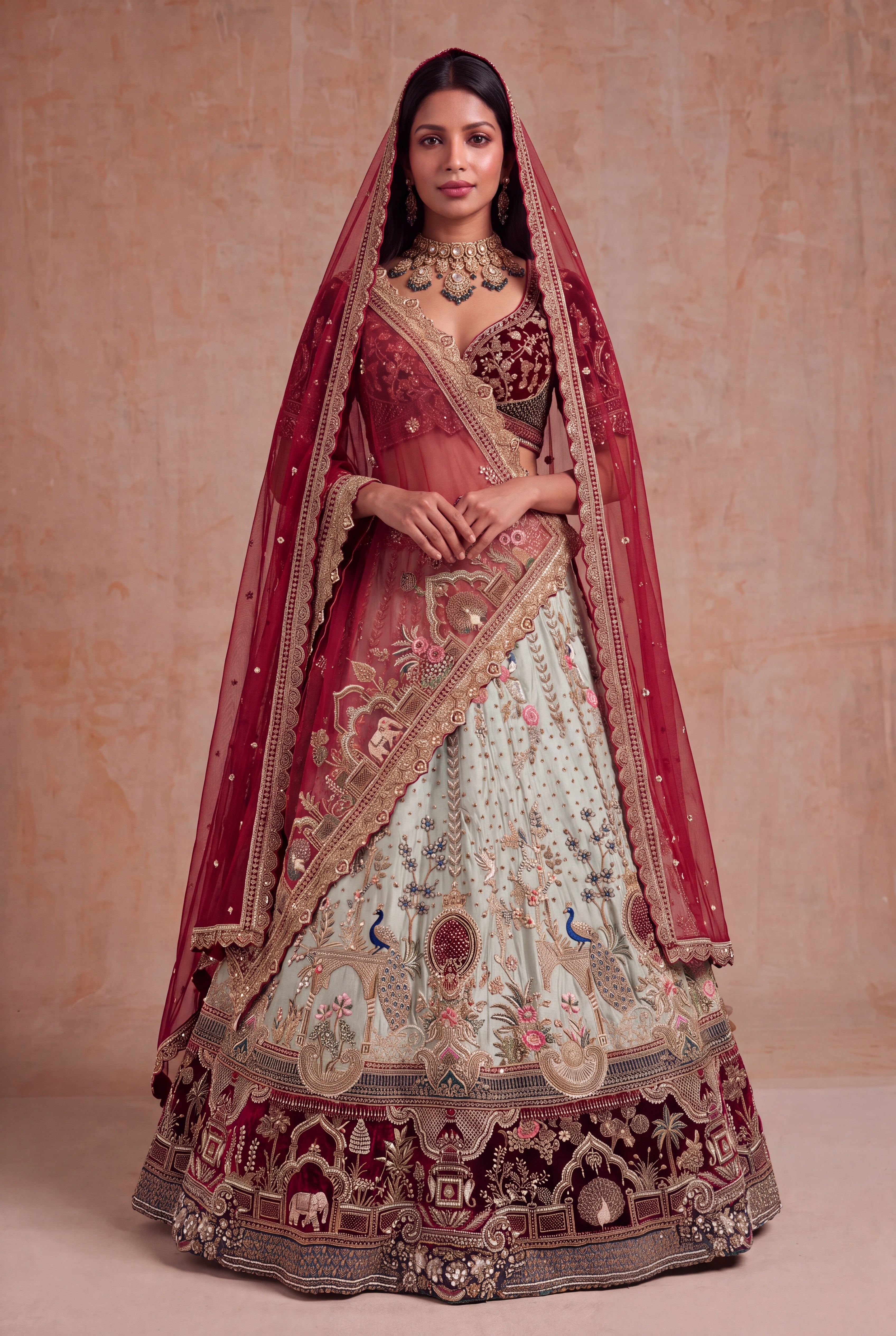 Ivory Raw Silk Lehenga with Zardosi & Pearl Work