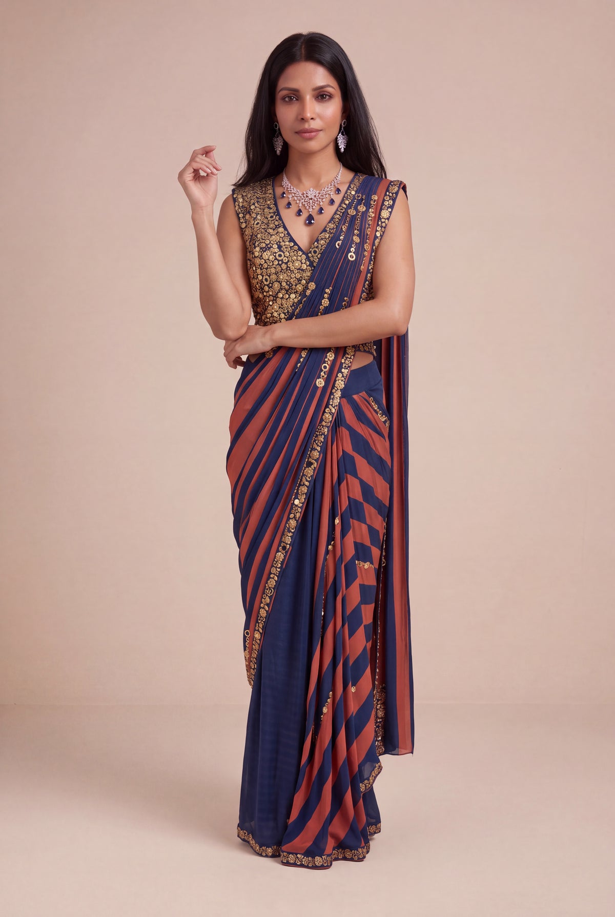 Navy Blue & Rust Satin Silk Pre-Draped Saree