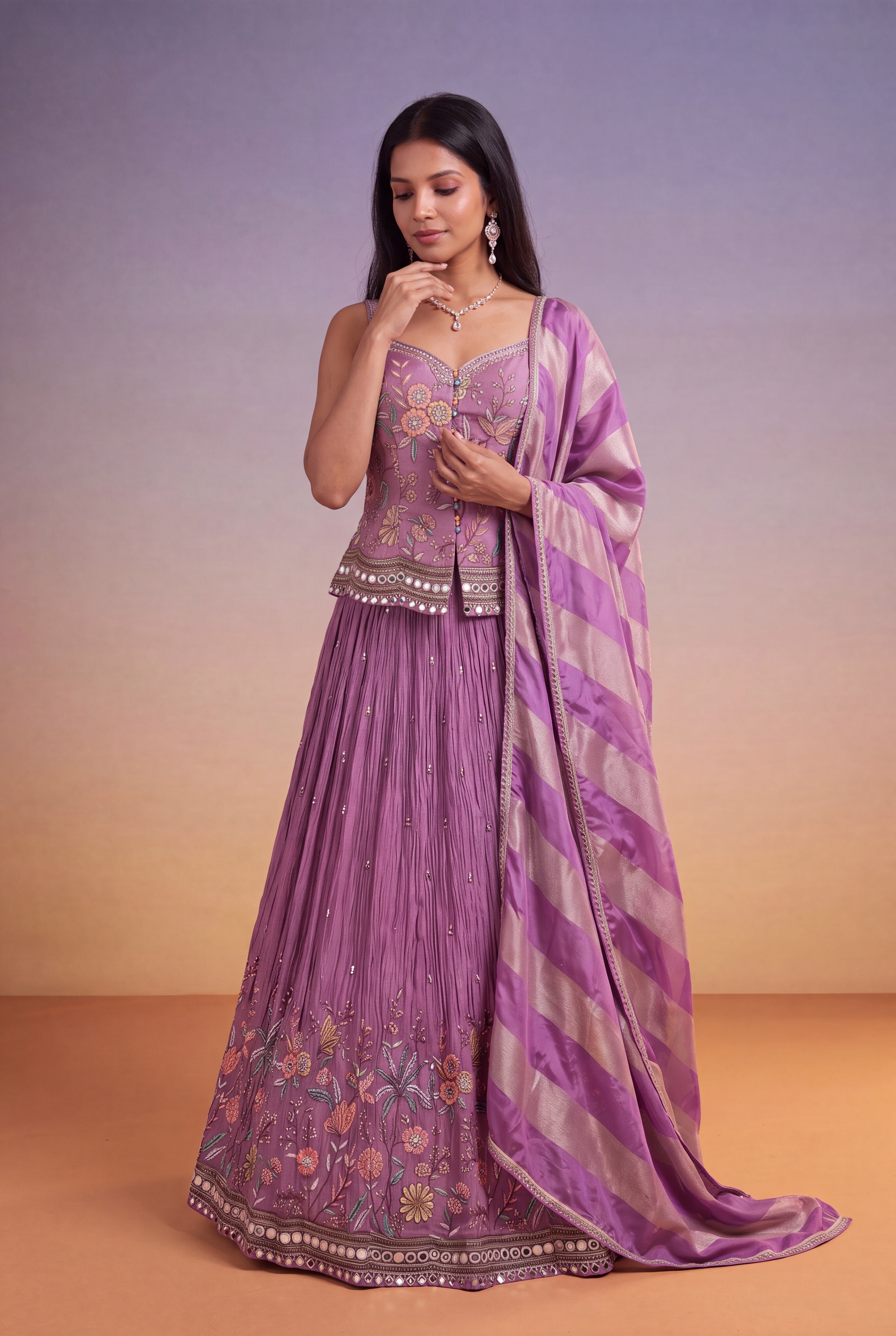 Mauve Crepe Lehenga with Floral Thread Embroidery & Mirror Work