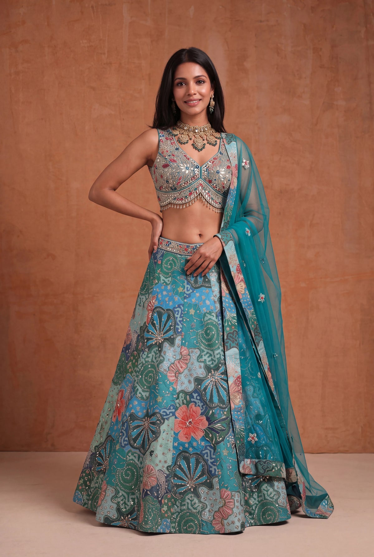 Teal Tissue Silk Floral Lehenga