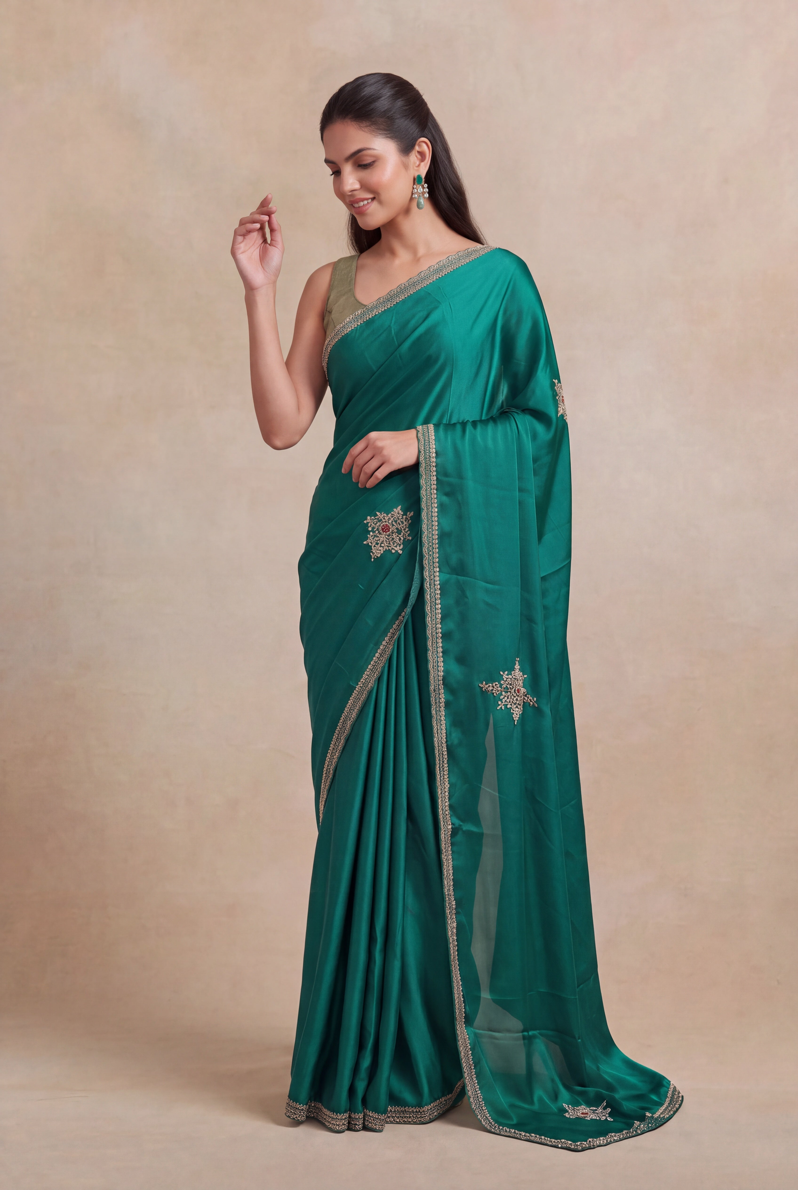 Emerald Green Satin Zardozi Butta Saree