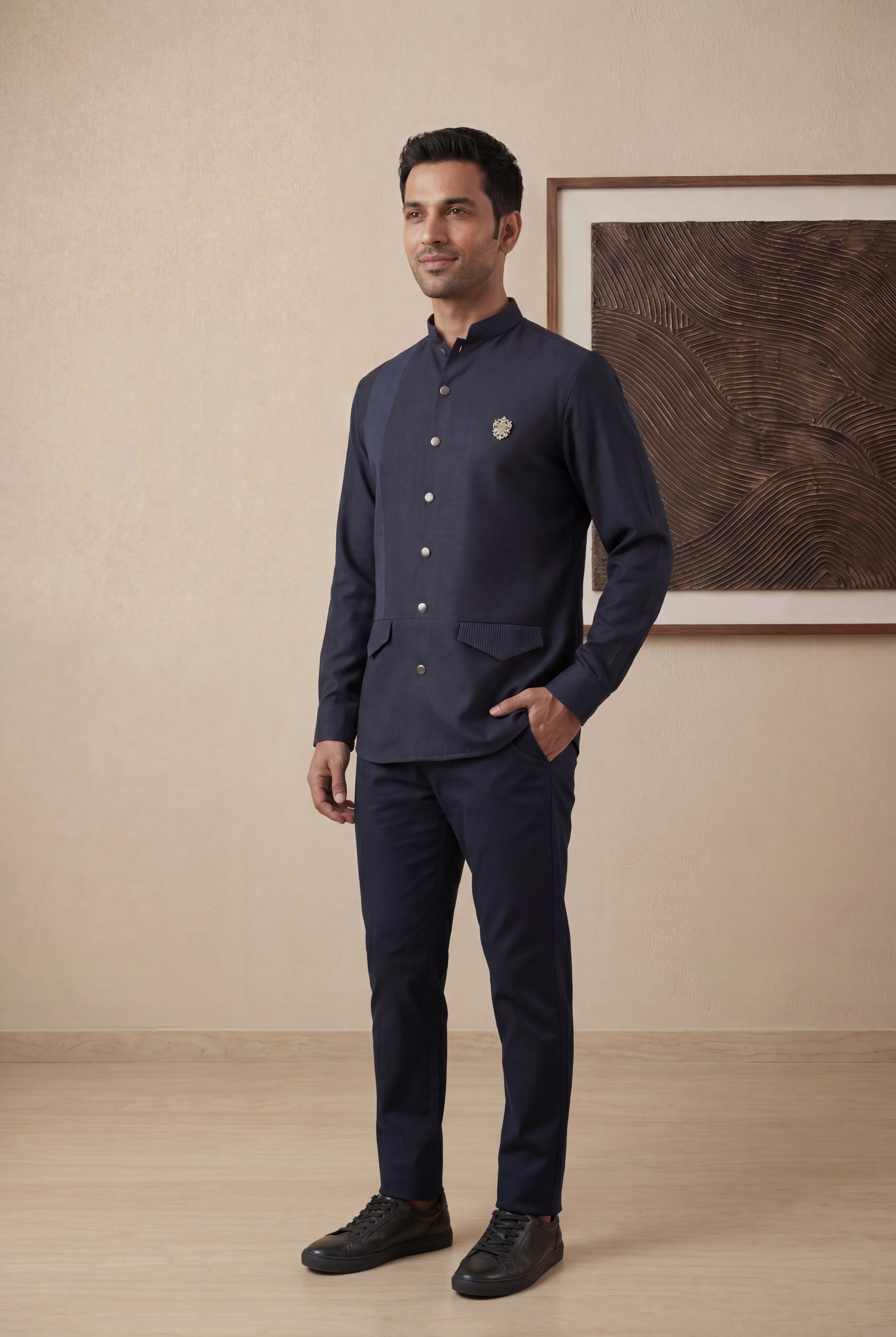 Navy Blue Cotton Mandarin Collar Shirt